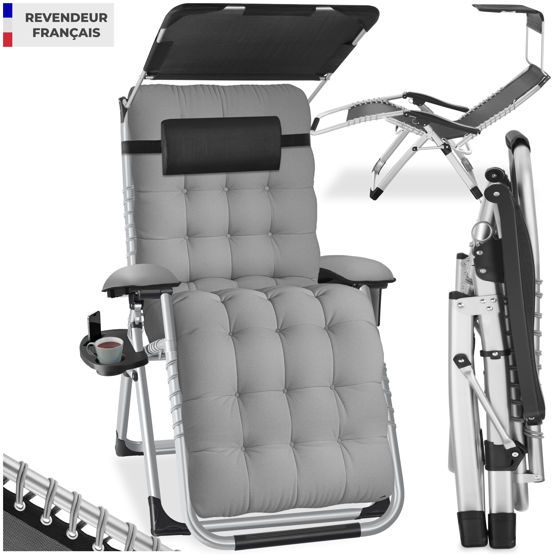 Chaise longue pliable CLOUD II avec pare-soleil - gris clair, par pièce | tectake