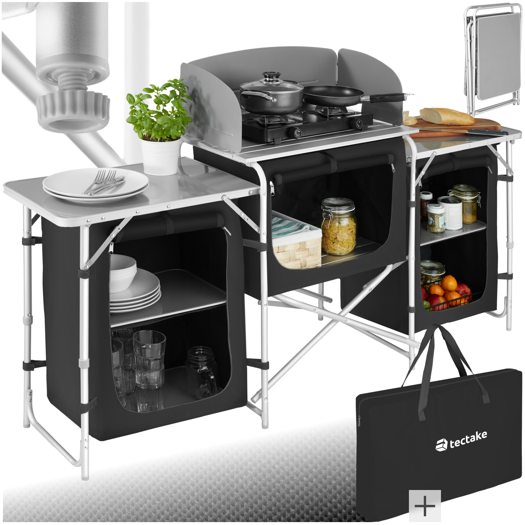 Table de cuisine de camping avec structure en aluminium 172 x 52 x 104 cm - noir | tectake