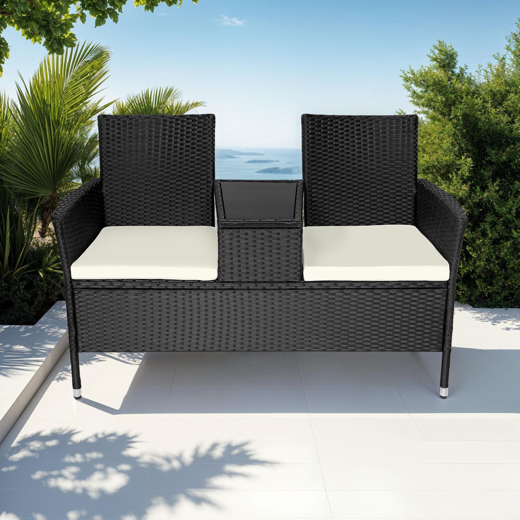Poly Rattan Bench Glass Table Garden Furniture 2 Seats Wicker Patio Balcony New - Picture 42 of 81