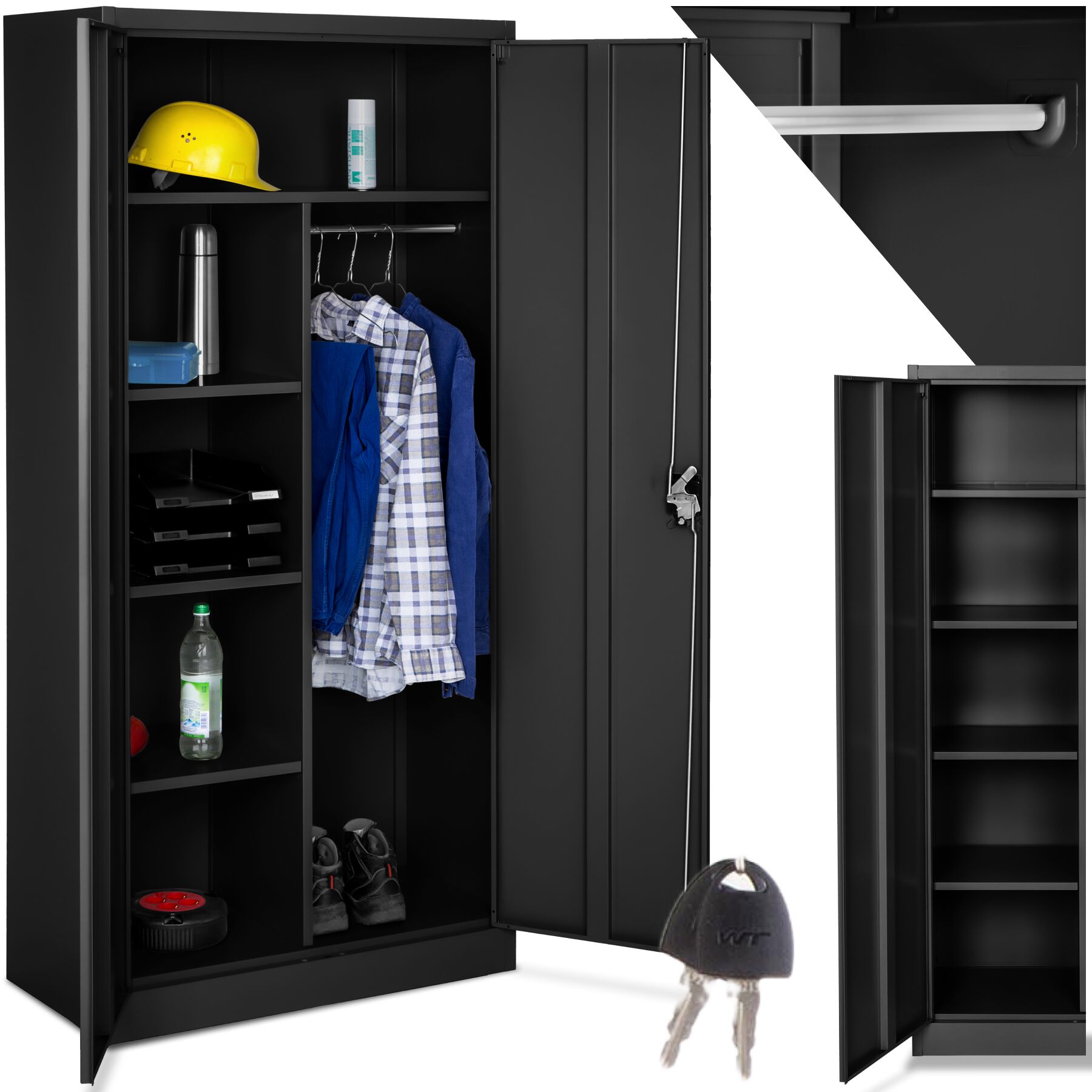 Filing Cabinet - locker with 6 shelf compartments, clothes rail, 2 wing doors - black, 80 cm