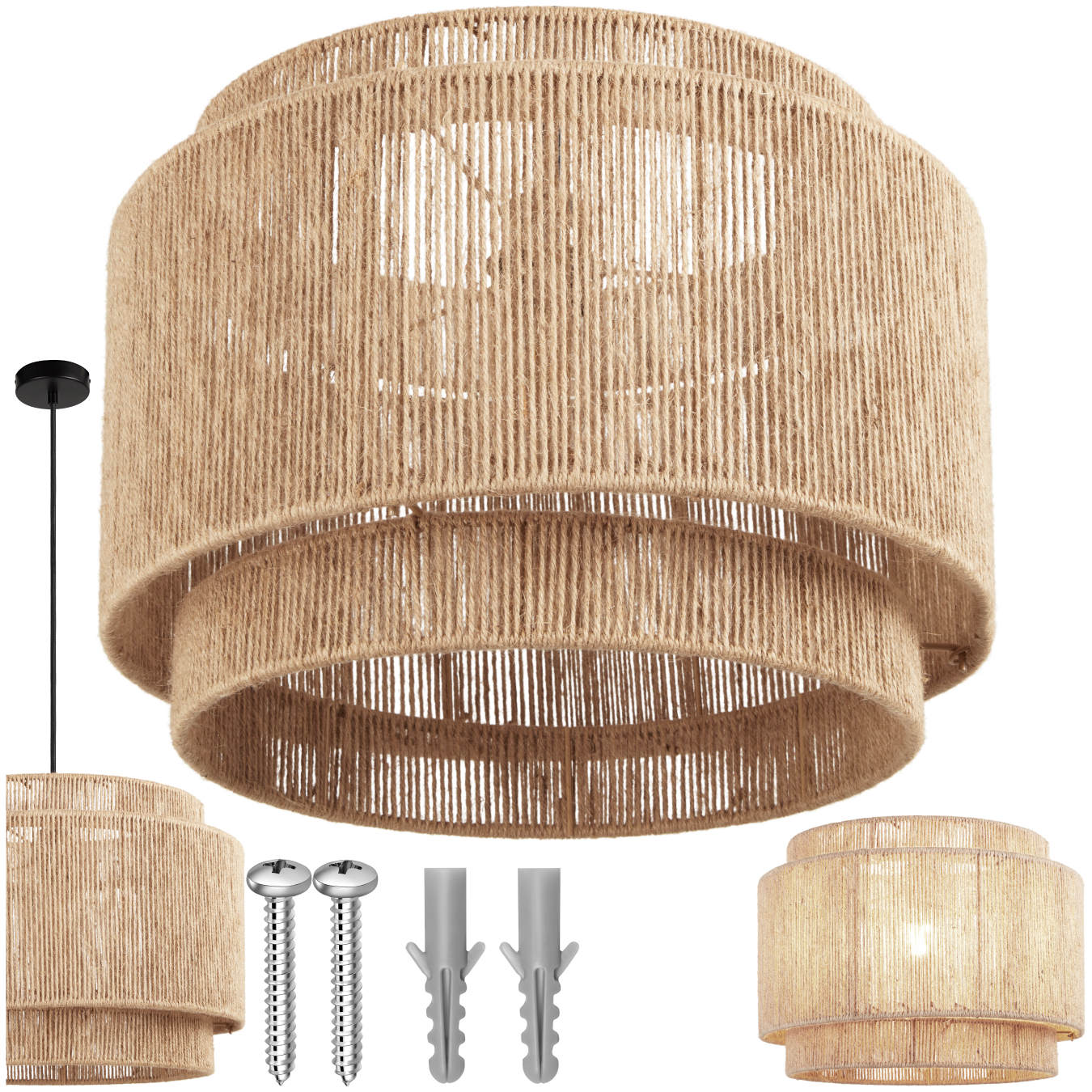 Pendant Light Lignea in 3 Tiers, Jute Fibre and Boho Chic Design - nature