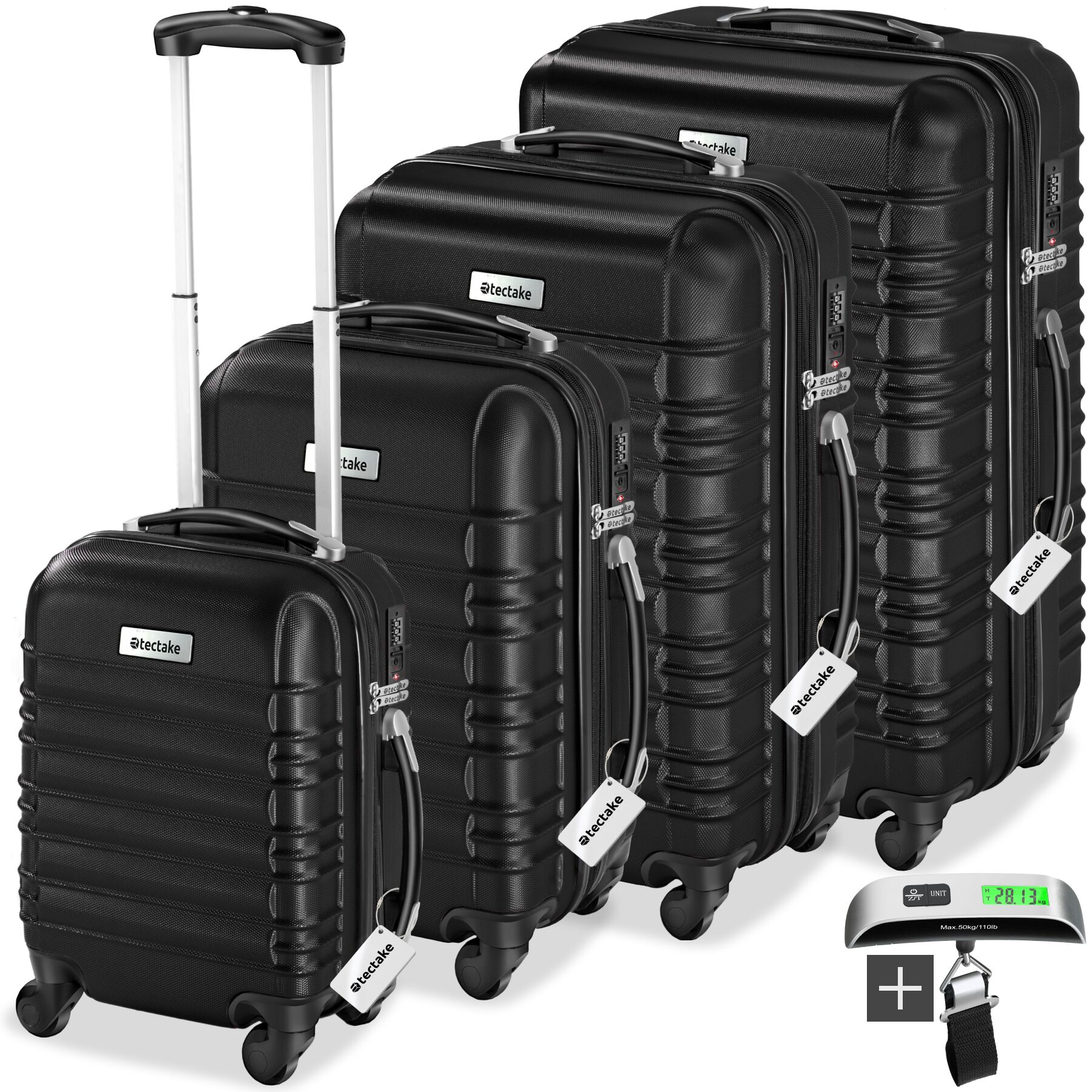 Suitcase Set Mila - 4 hard-shell suitcases, including luggage scales and tags - black | tectake