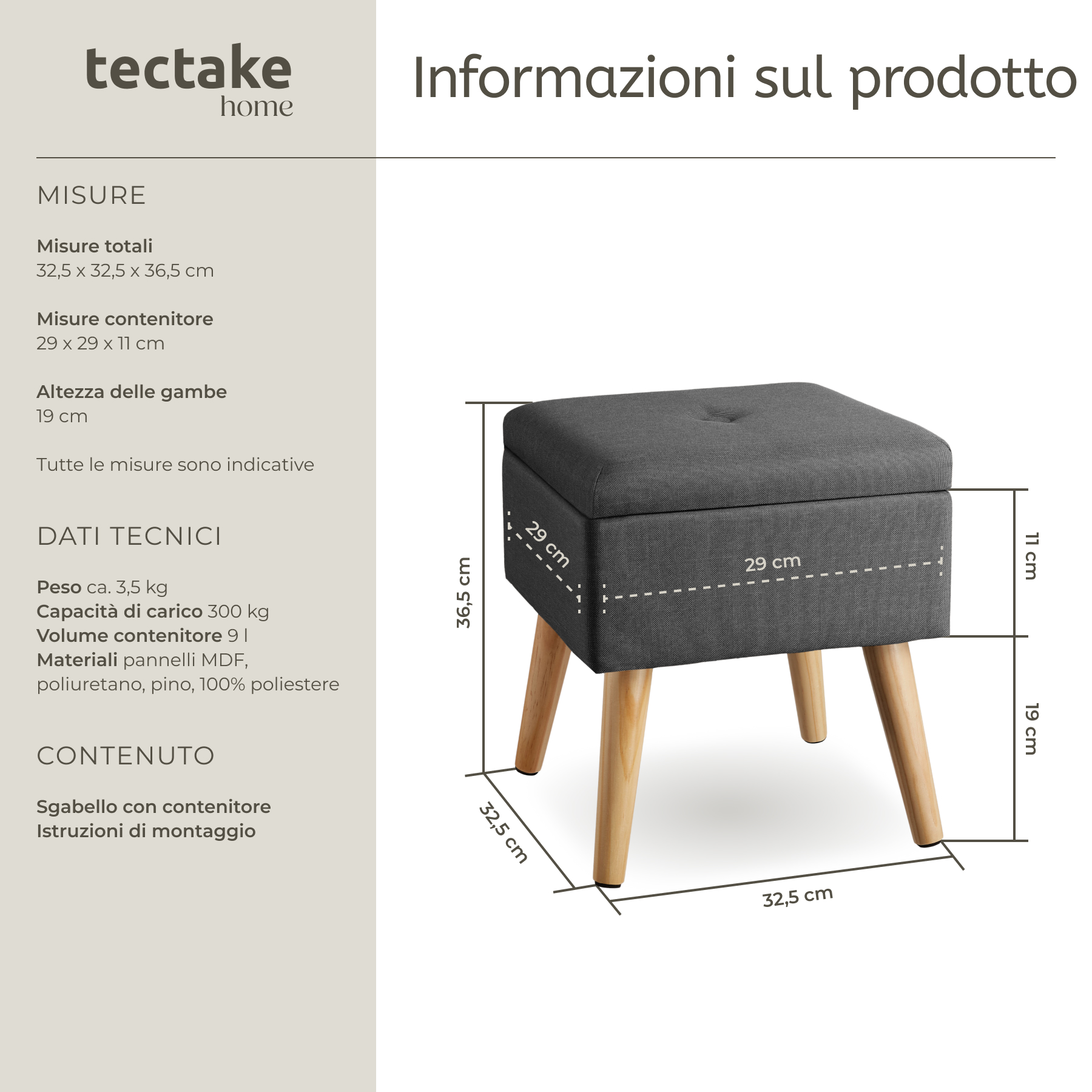Sgabello Imbottito con Effetto Lino Scompartimento Interno Poggiapiedi Mobile - Foto 7 di 32