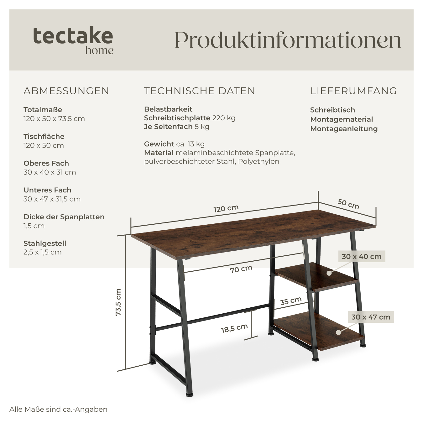 Schreibtisch Computertisch Bürotisch mit Regal 2 Ablagen Holz Metall Industrie
