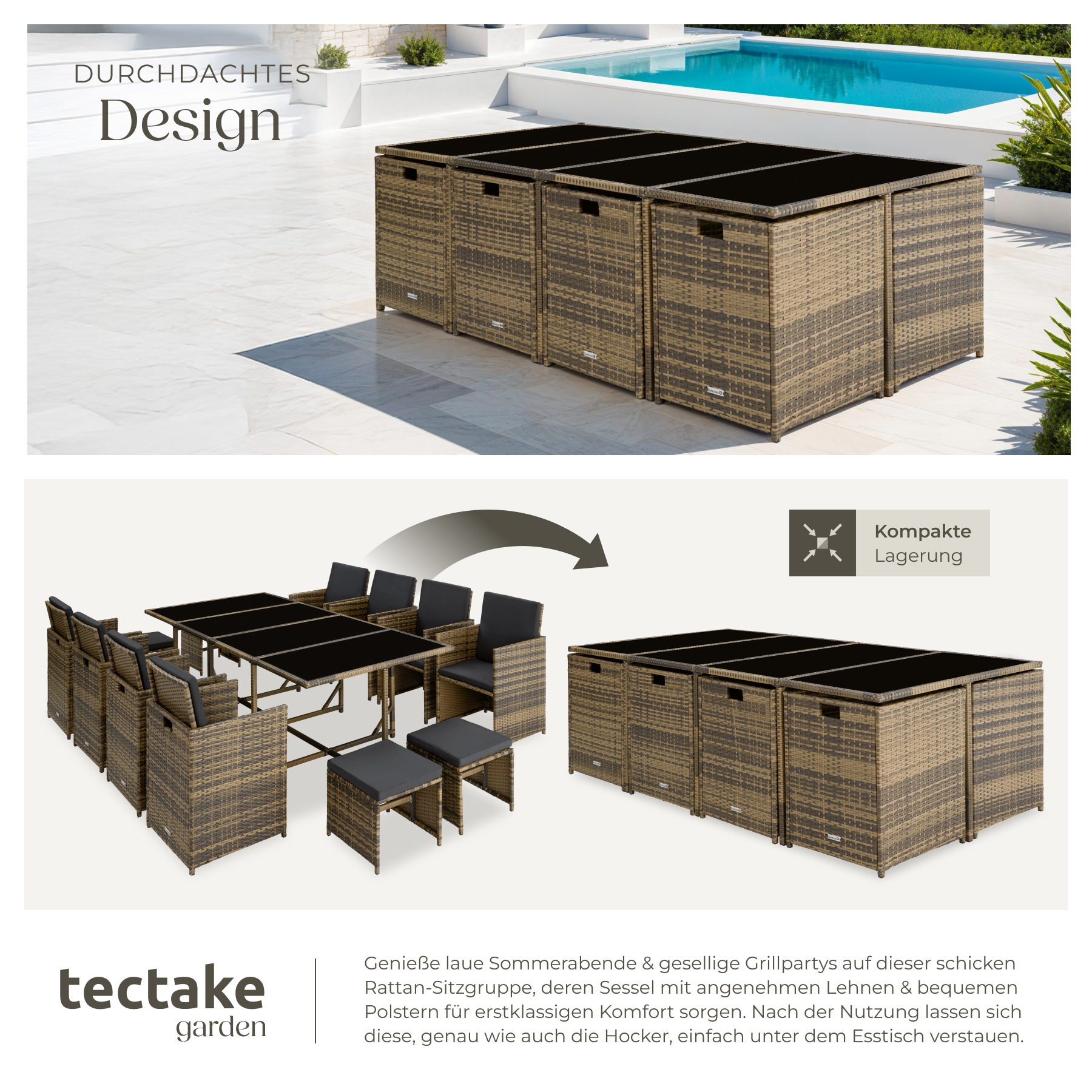 Poly Rattan Sitzgarnitur Gartenmöbel Garnitur Lounge mit 8 Stühlen Tisch Hocker