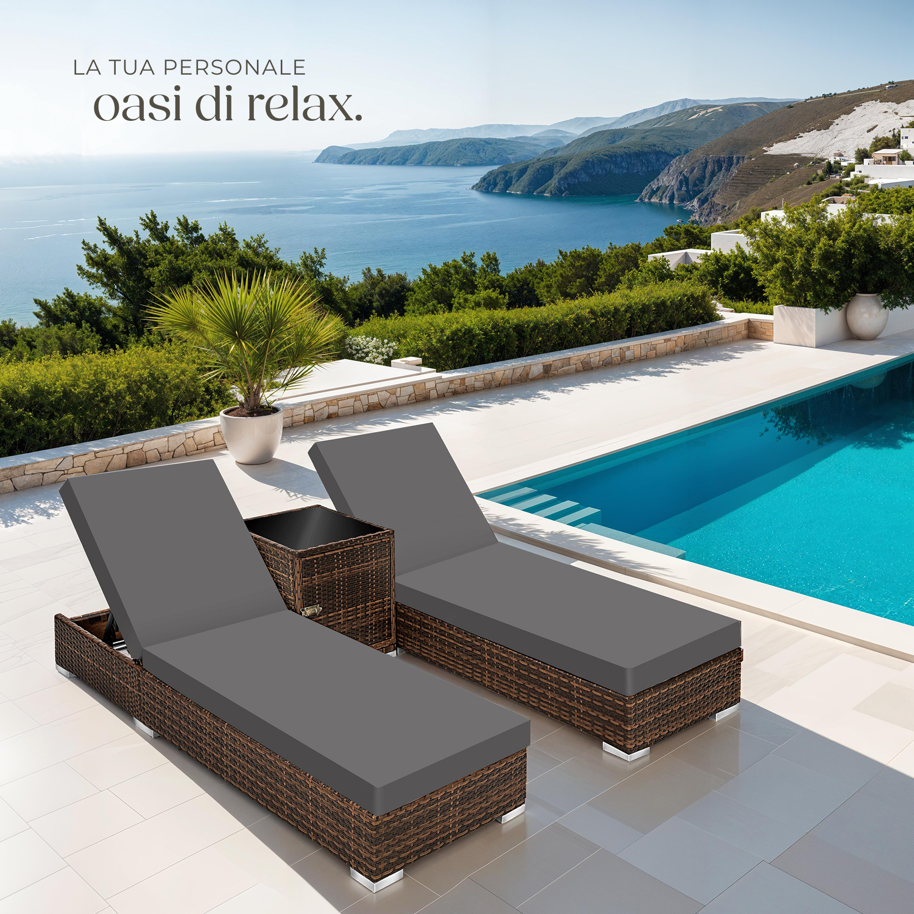 2 x sdraio in polyrattan + tavolo alluminio giardino rattan lettino mobili telo - Foto 9 di 67