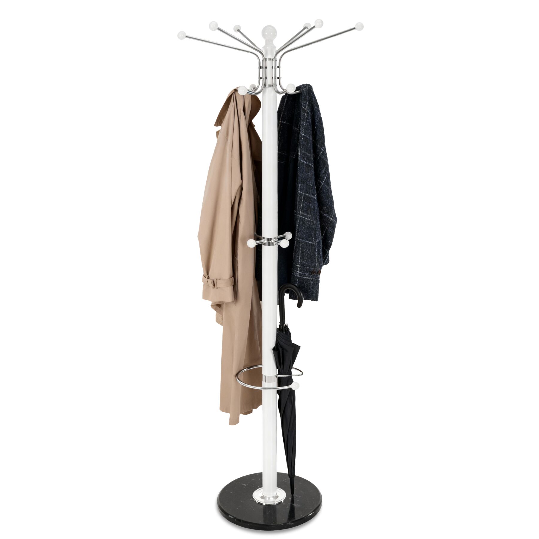 Coat Stand - 16 hooks, with umbrella and bag holder - white | tectake