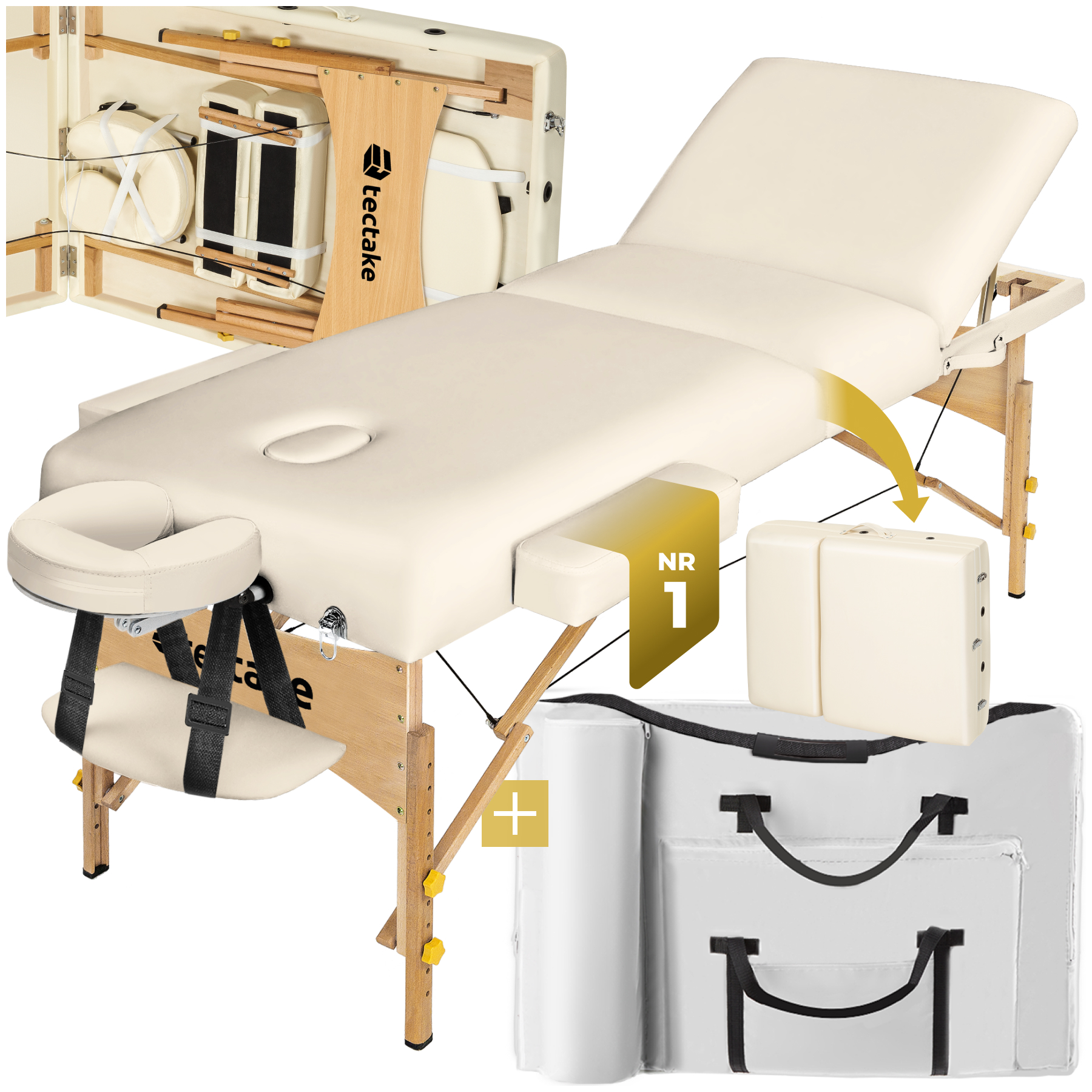 3 Zonen Massageliege mit 10cm Polsterung und Holzgestell - beige