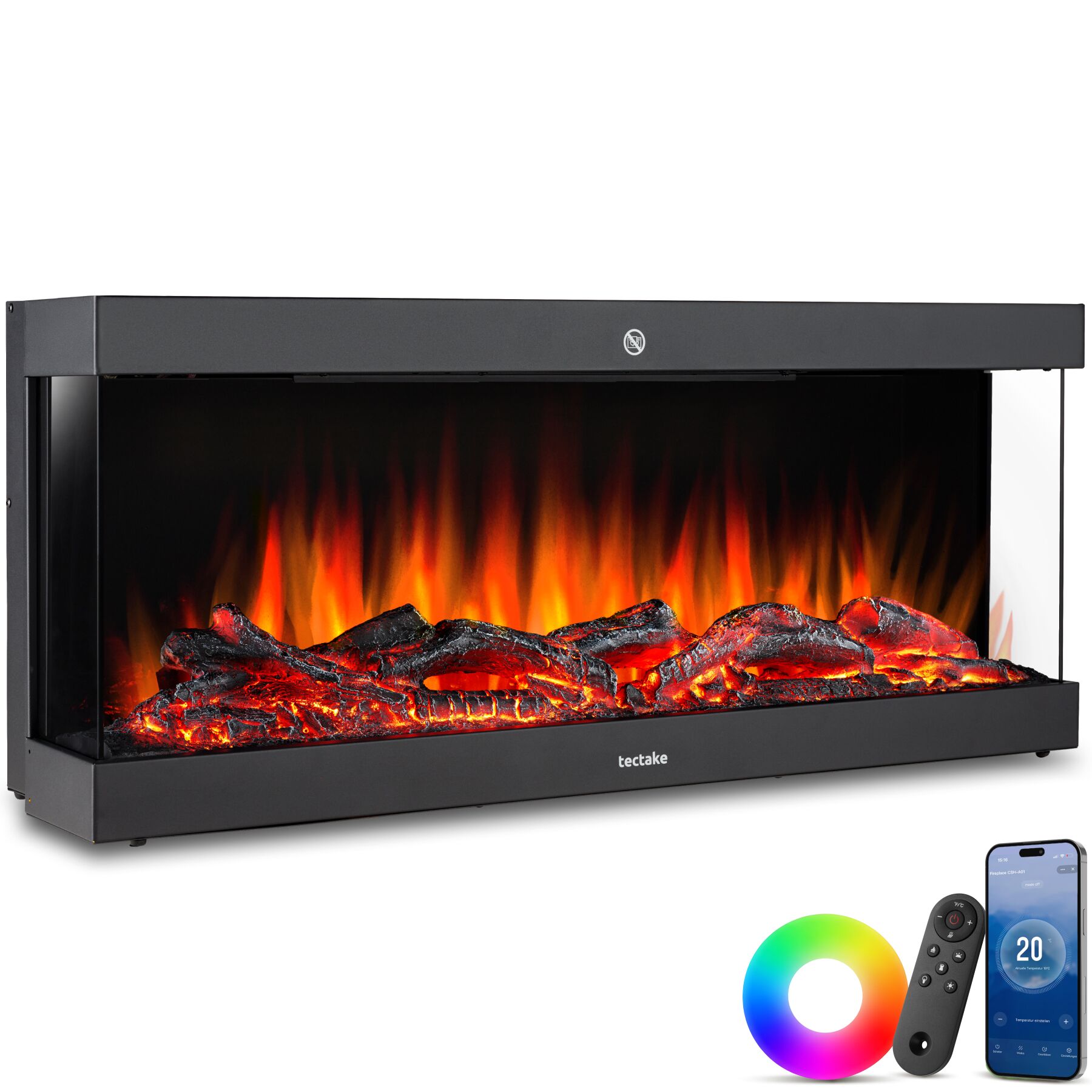 Elektrische wandhaard Luciano, 2 verwarmingsstanden, vlameffect, app - zwart | tectake