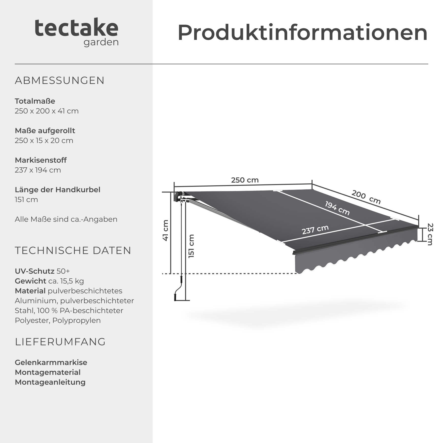 Balkonmarkise Sonnendach Wandhalterung Terrassenüberdachung Sichtschutz Markise