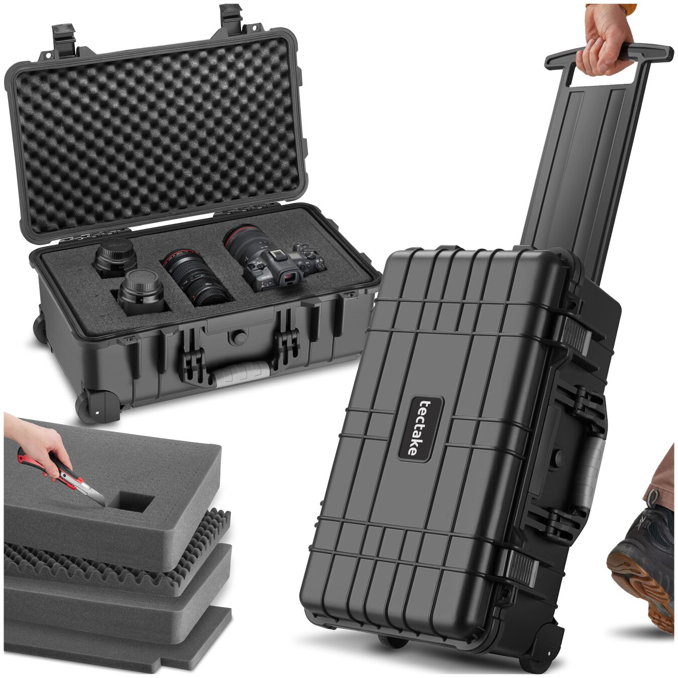 Camera Case - hard shell, foam inserts, waterproof, telescopic handle - 34.5 x 23 x 56 cm