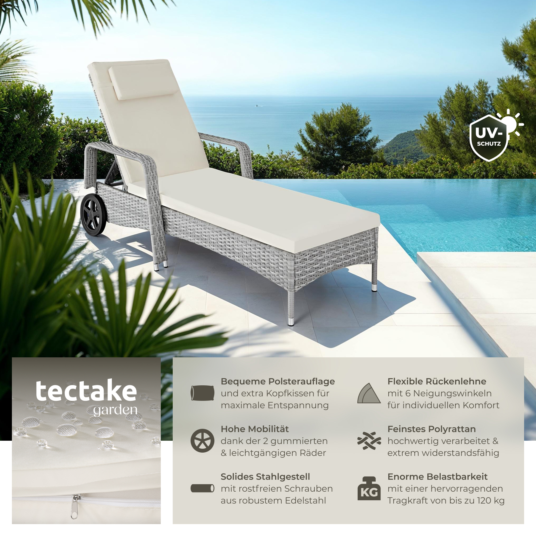 Sonnenliege klappbar Gartenliege Polyrattan Liegestuhl Strandliege robust 200 cm - Bild 135 von 145