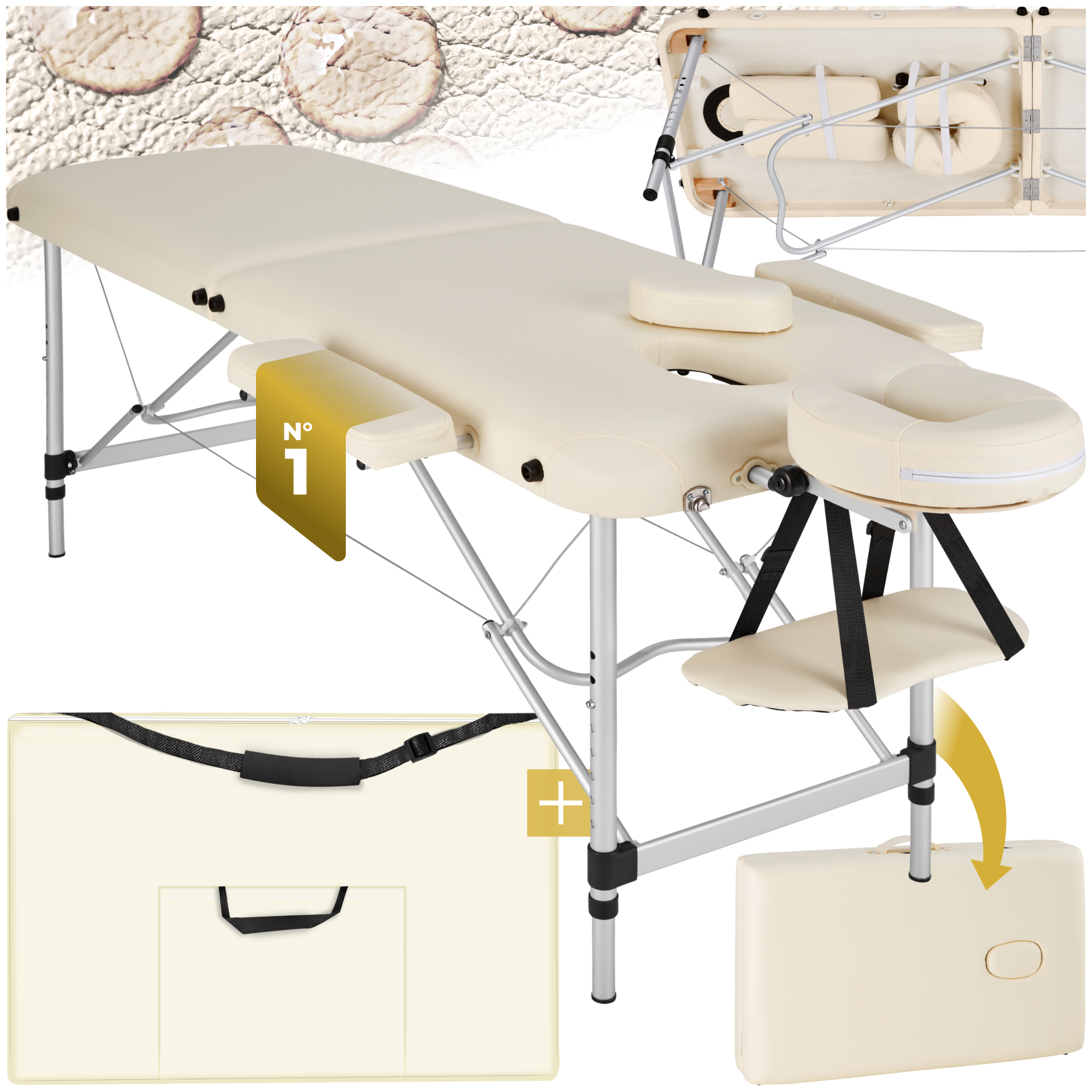 Table de massage pliante 2 zones en aluminium portable + housse - beige | tectake