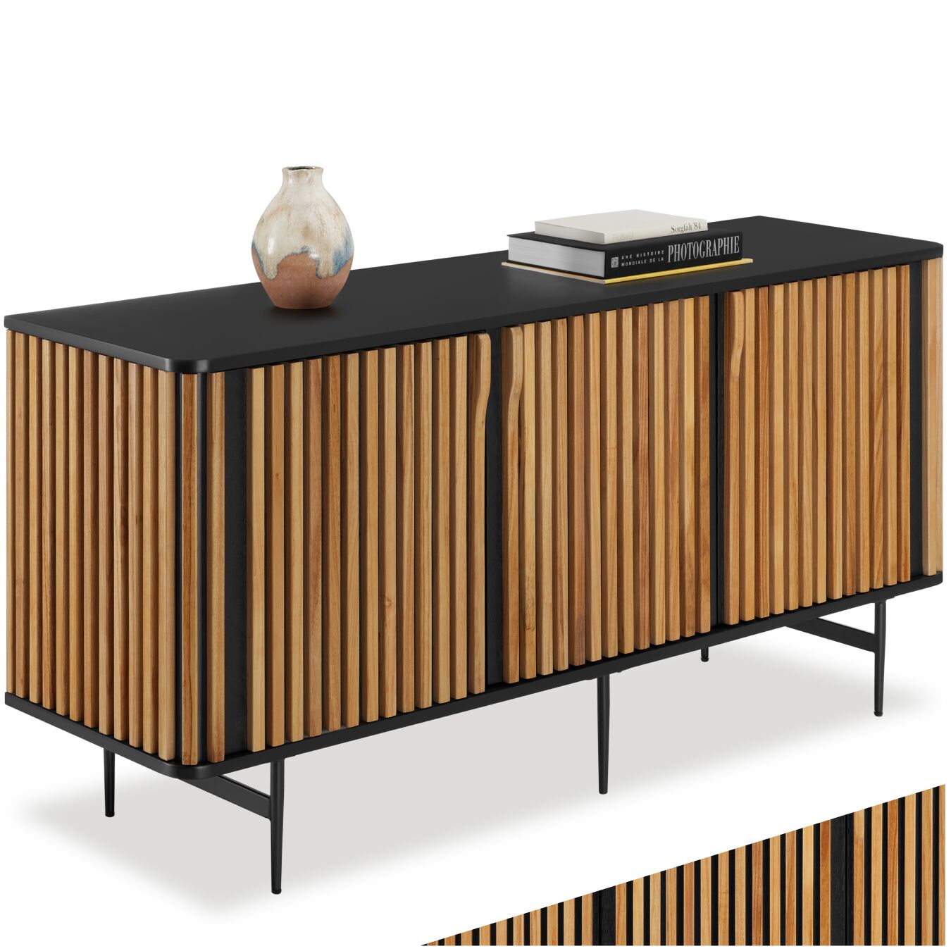 Sideboard Lineo, Lamellenoptik, 3 Schrankfächer - schwarz/braun