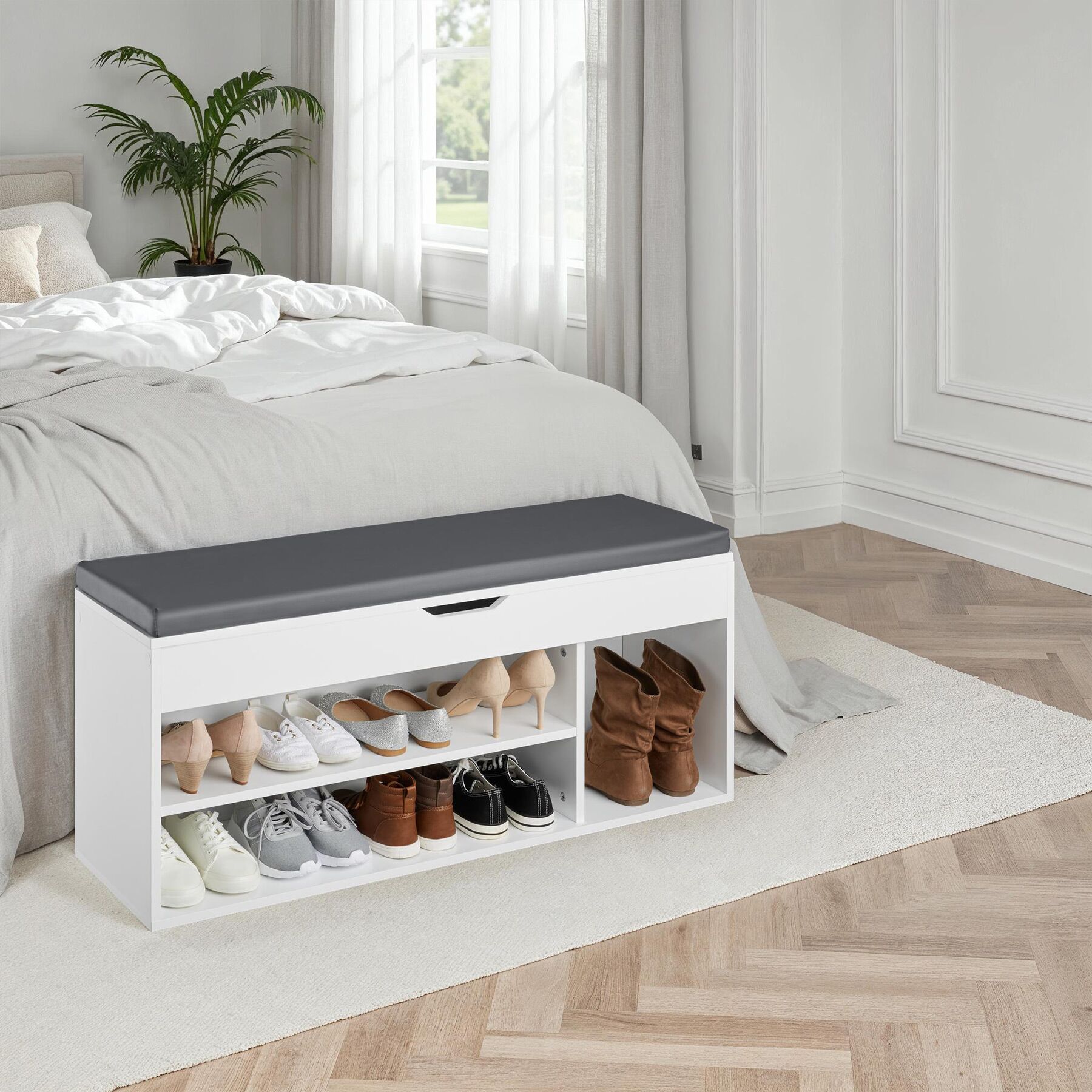 Schuhbank mit Sitzkissen Holz Schuhschrank Schuhregal Sitzfläche Klappfach 104cm - Bild 10 von 37