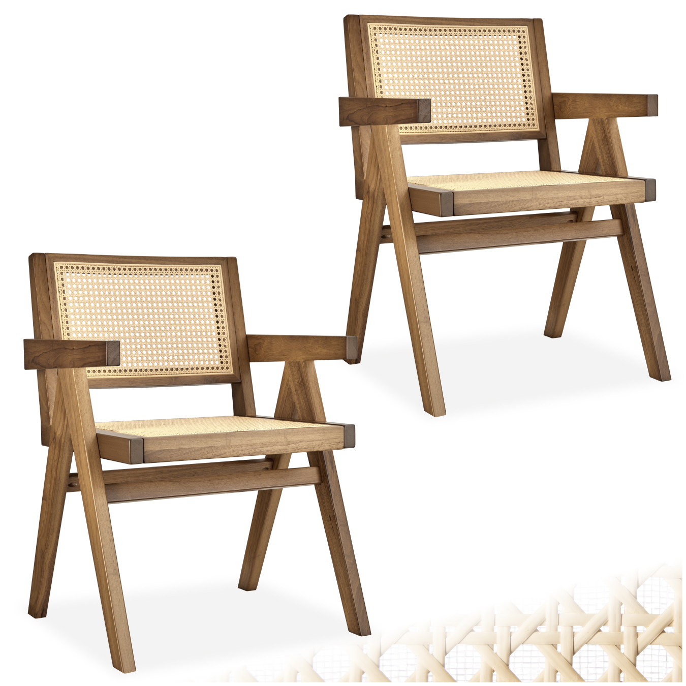 Dining Chair Lizzy with Mid-Century Modern Design, Rattan Backrest and Solid Wood Frame - Light oak, Set of 2 | tectake