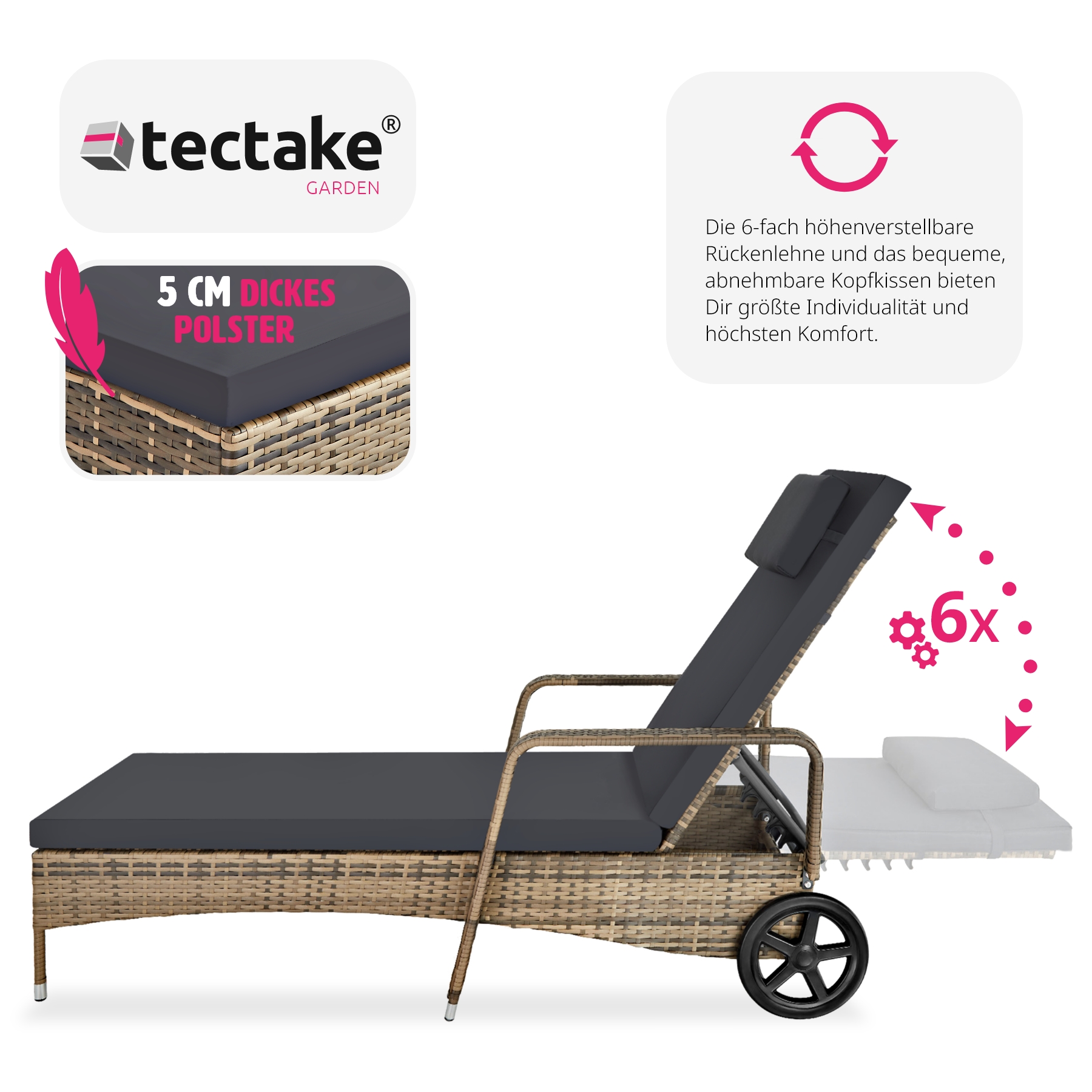 Sonnenliege klappbar Gartenliege Polyrattan Liegestuhl Strandliege robust 200 cm - Bild 65 von 145