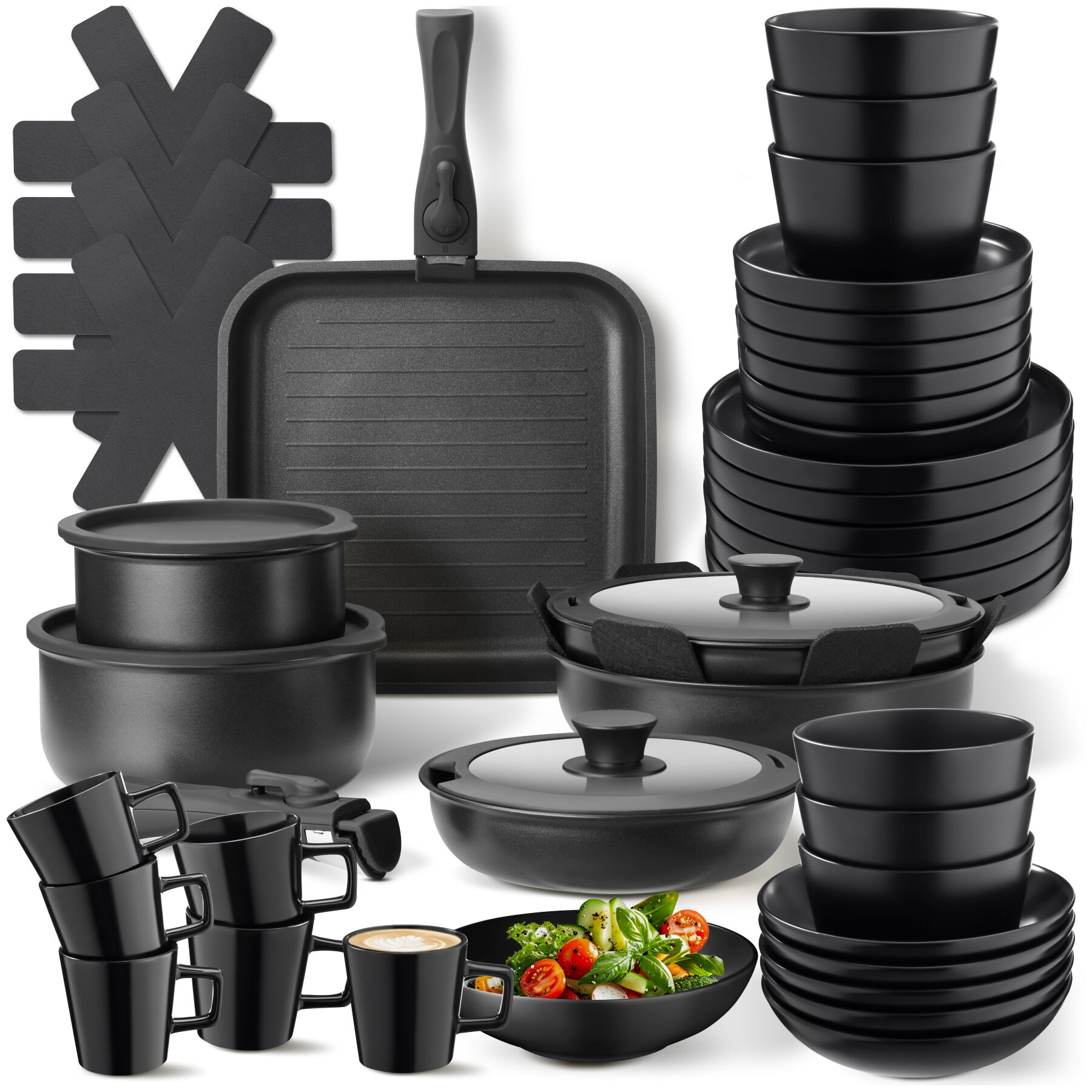 Conjunto de utensílios de cozinha para 6 pessoas, com louça, panelas e muito mais. - preto, conjunto de 47 peças | tectake