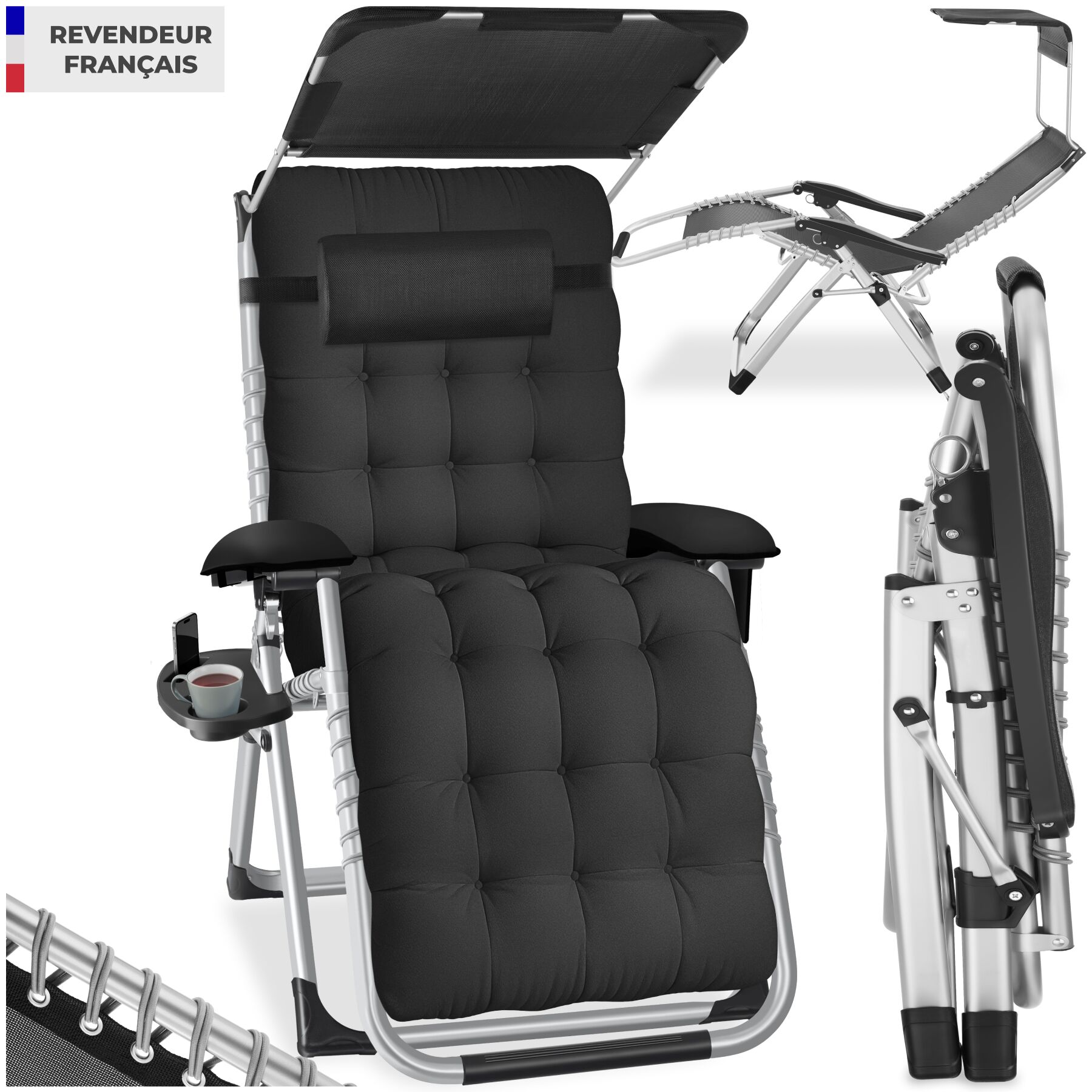 Chaise longue pliable CLOUD II avec pare-soleil - noir, par pièce | tectake