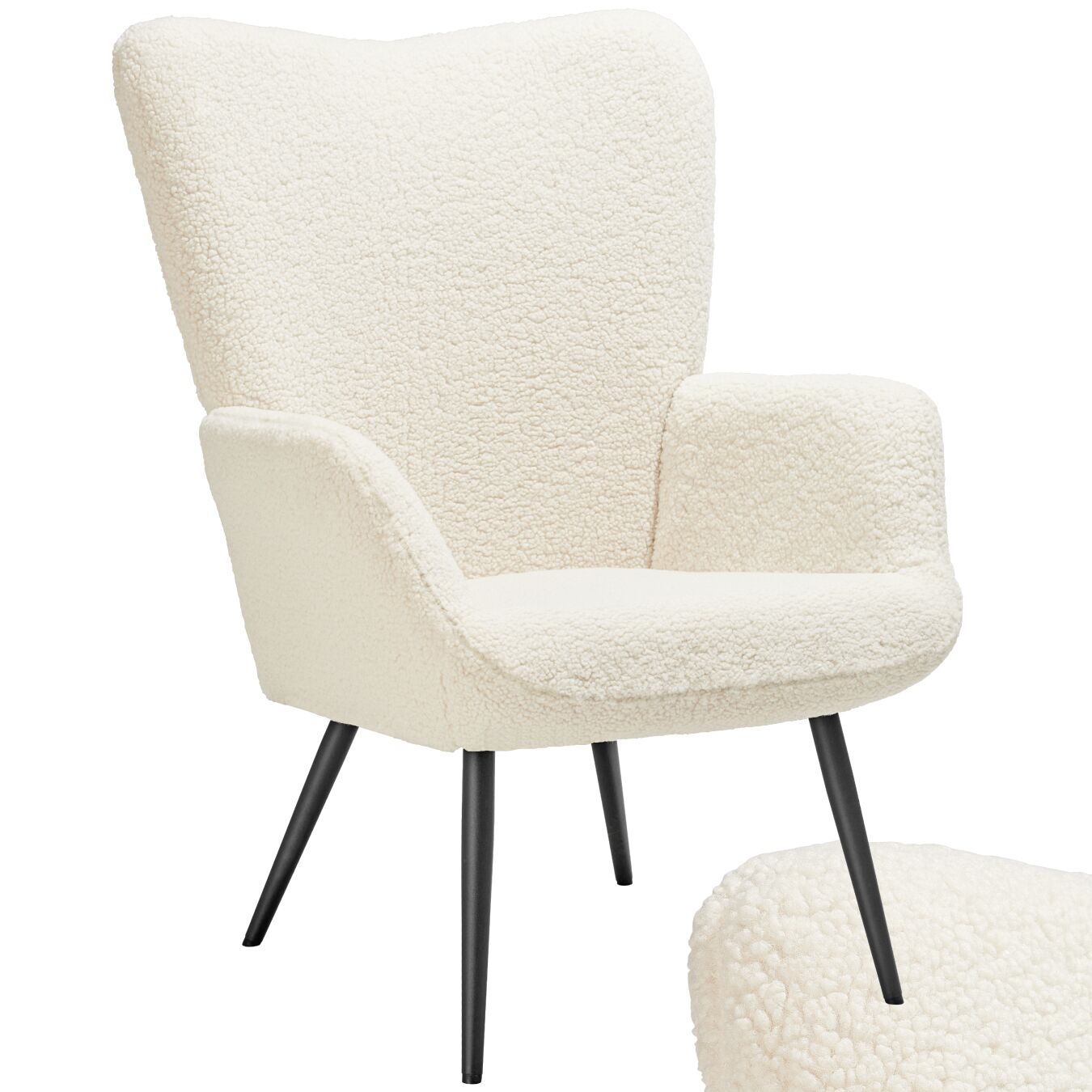 Armchair Hygge - padded, armrests and ergonomic backrest, 150 kg load capacity - without stool, Bouclé cream/black