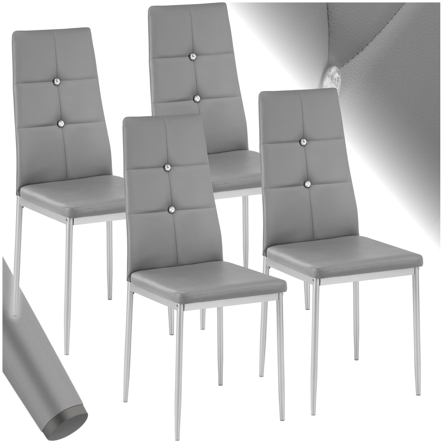 Eetkamerstoelen, kunstleer met strass steentjes - grijs, Set van 4