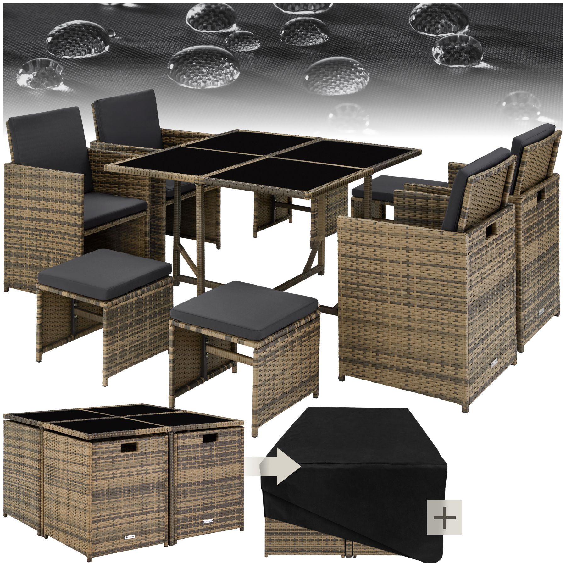Salon de jardin BILBAO 8 places avec housse de protection - marron naturel