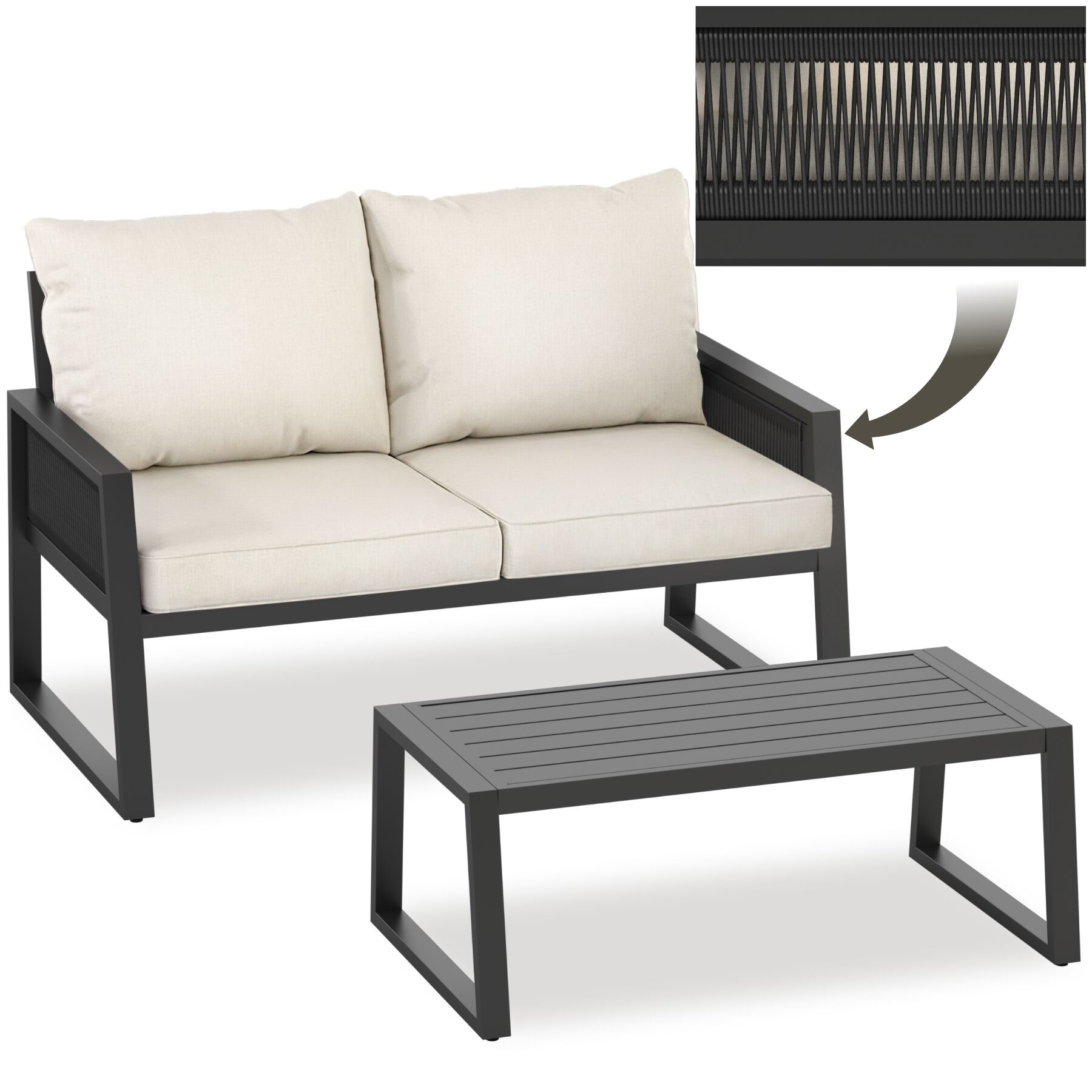 Aluminium tuinloungeset Captive in rope-design - Set 2 (1 x bank / 1 x tafel) | tectake
