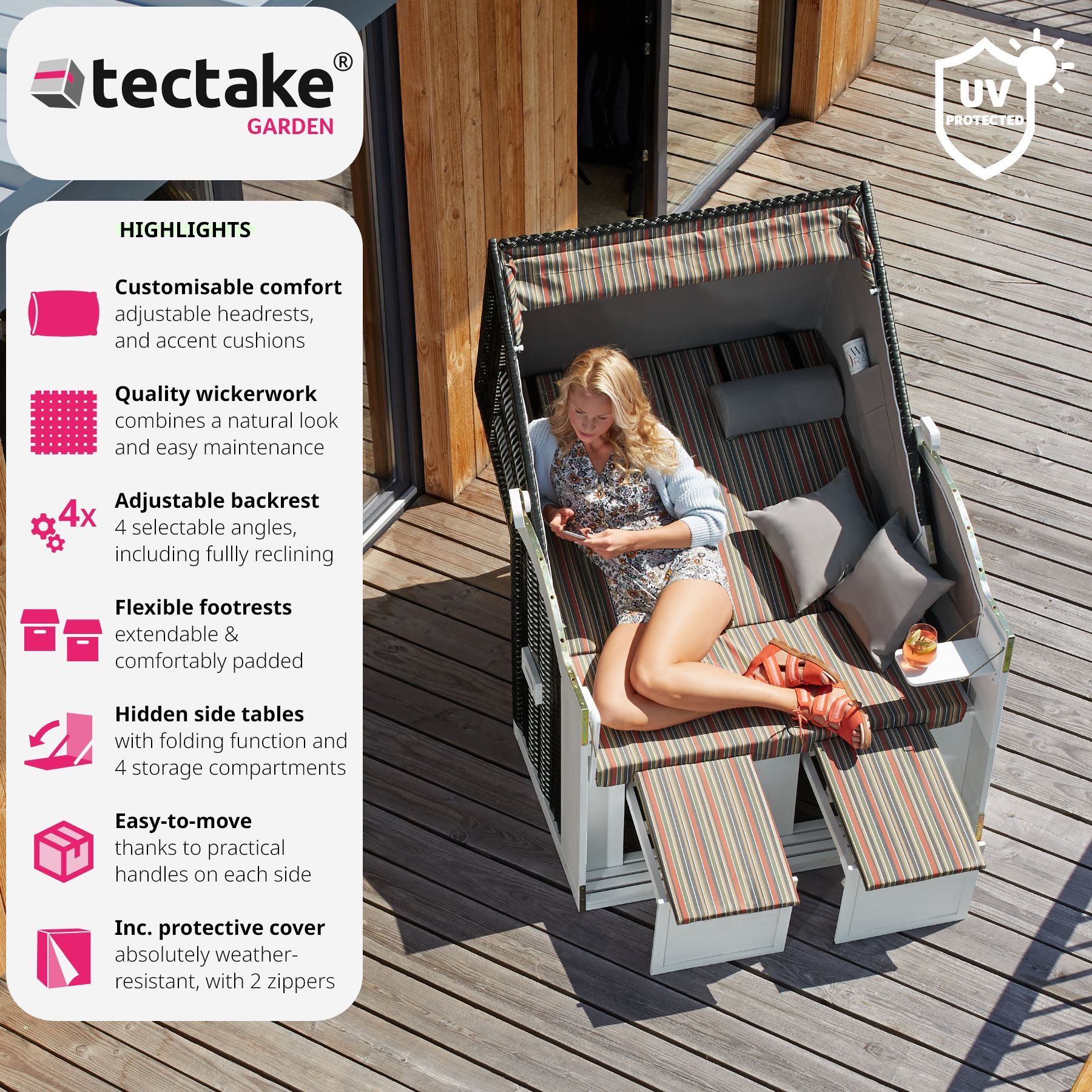 Wicker Chair Outdoor Beach Sunbed with Pillows Roofed Recline Sun Lounger - Picture 39 of 49