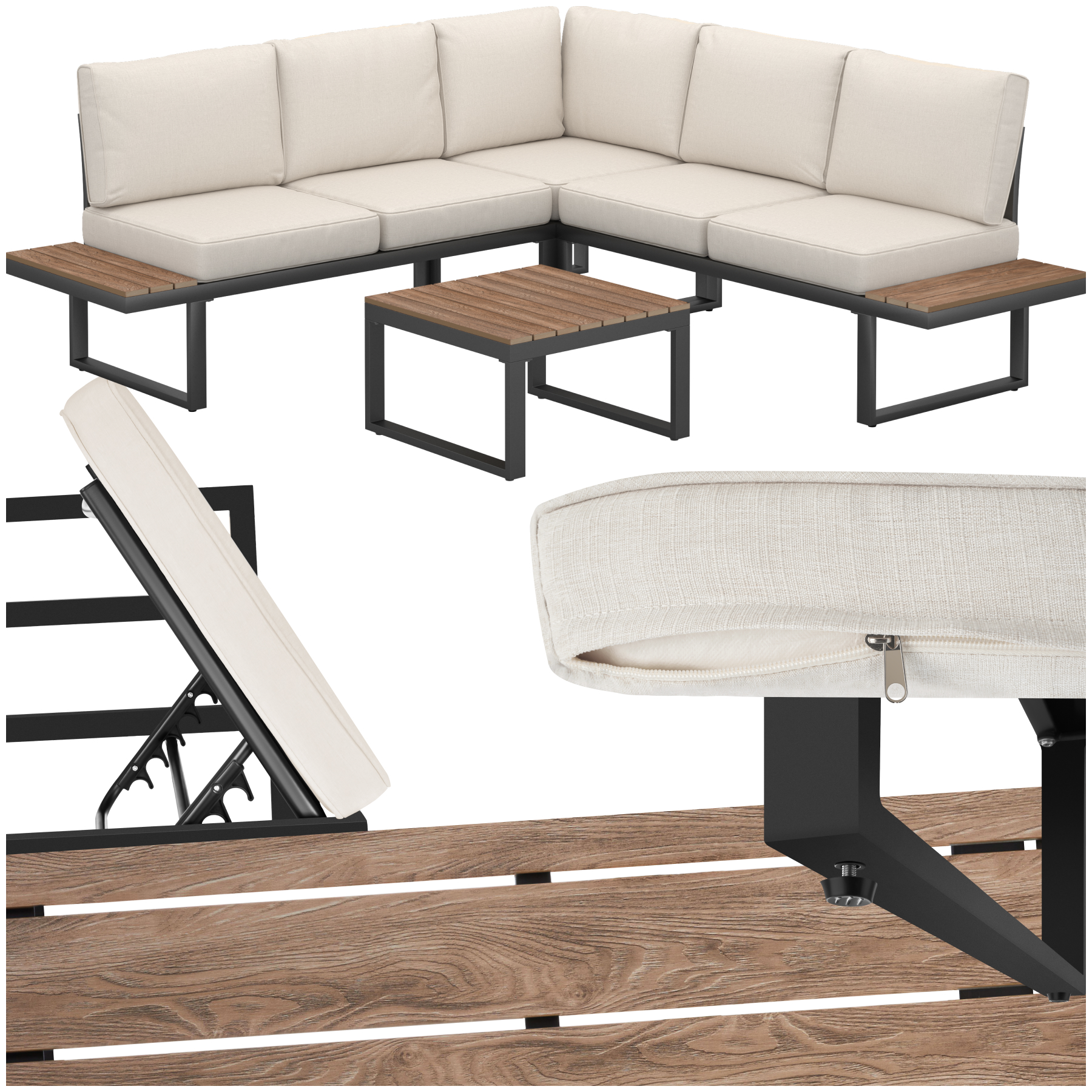 Conjunto de sofá de jardim Eliar, 4 peças, com estrutura de alumínio - preto