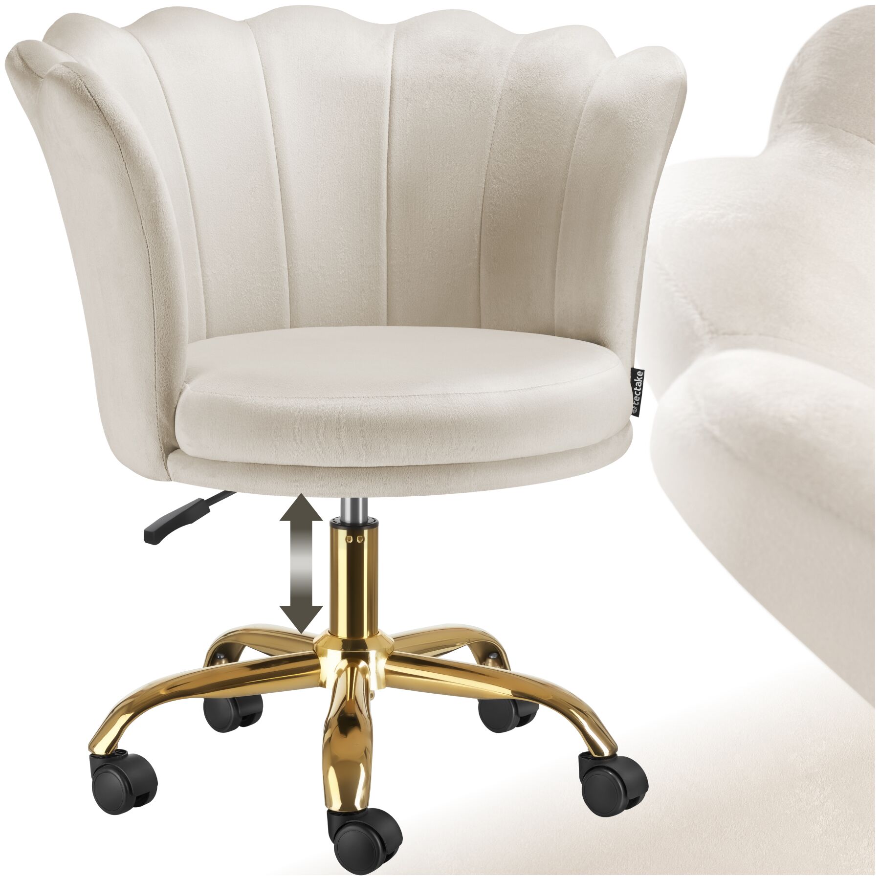 Silla giratoria STELLA terciopelo, acolchada, ruedas dobles - crema/oro | tectake