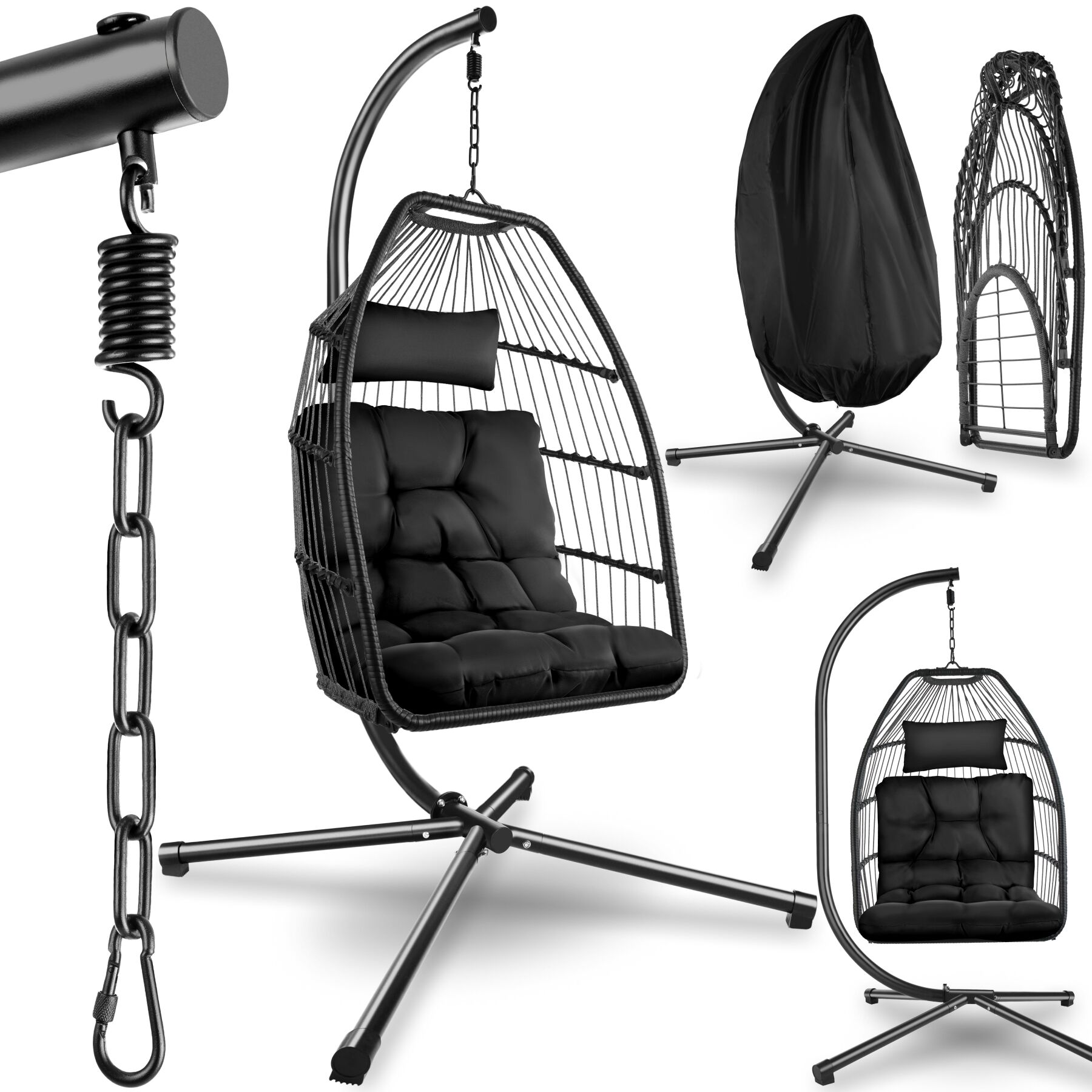 Egg Chair Ariane with Swing Seat Frame, Thick Cushions and Protective Cover - black | tectake