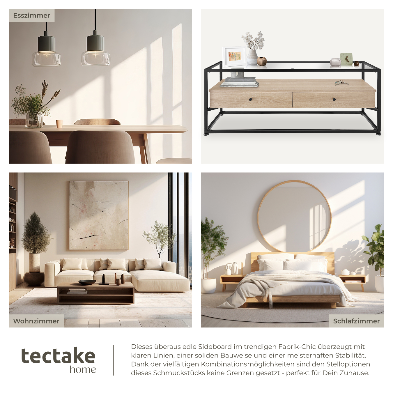 Lowboard Sideboard TV-Regal Fernsehtisch 2 Schubladen Glas Holz Metall Industrie