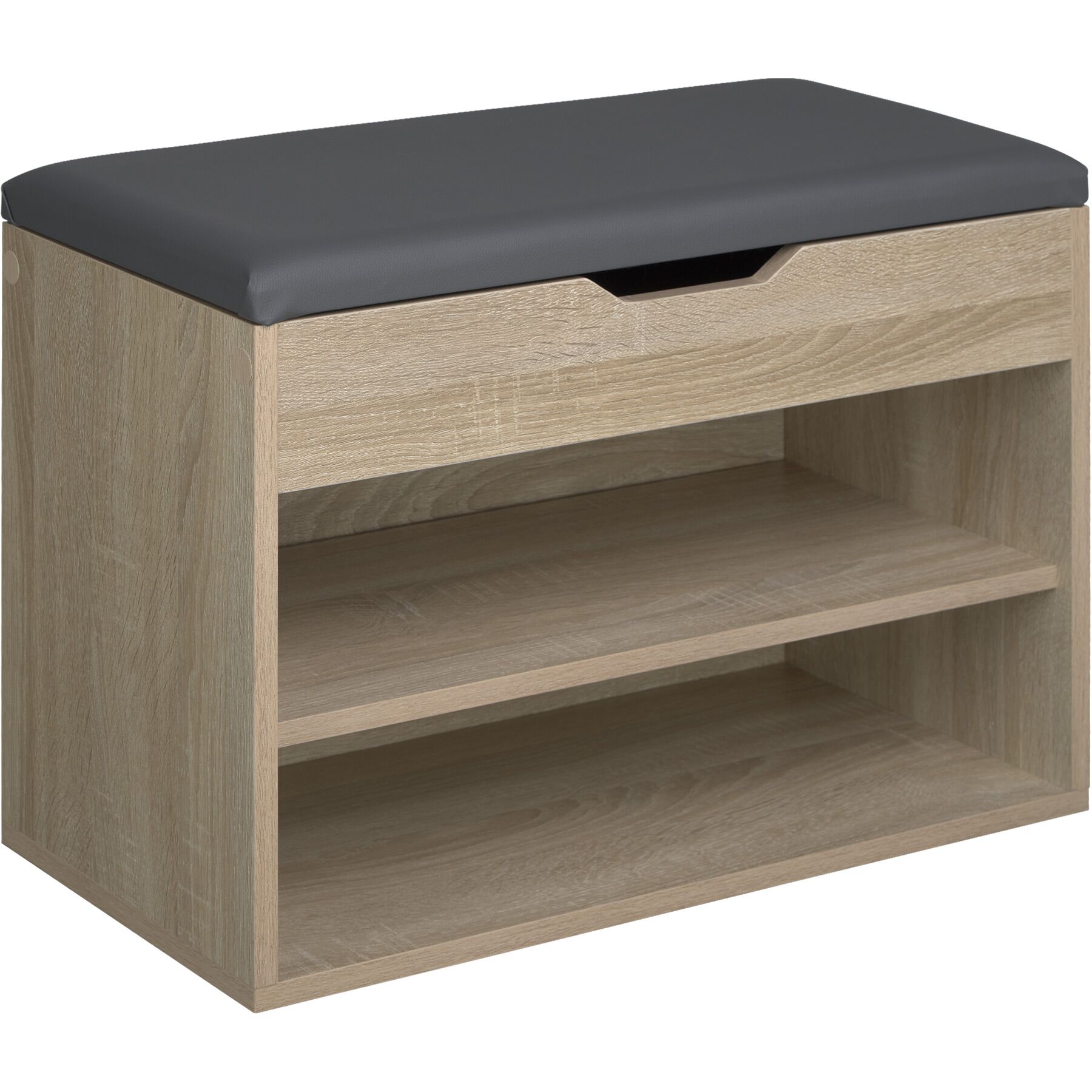 Shoe Rack Jasmina - bench with cushion, 2 shelves for 6 pairs of shoes, hinged lid - Wood light, oak Sonoma