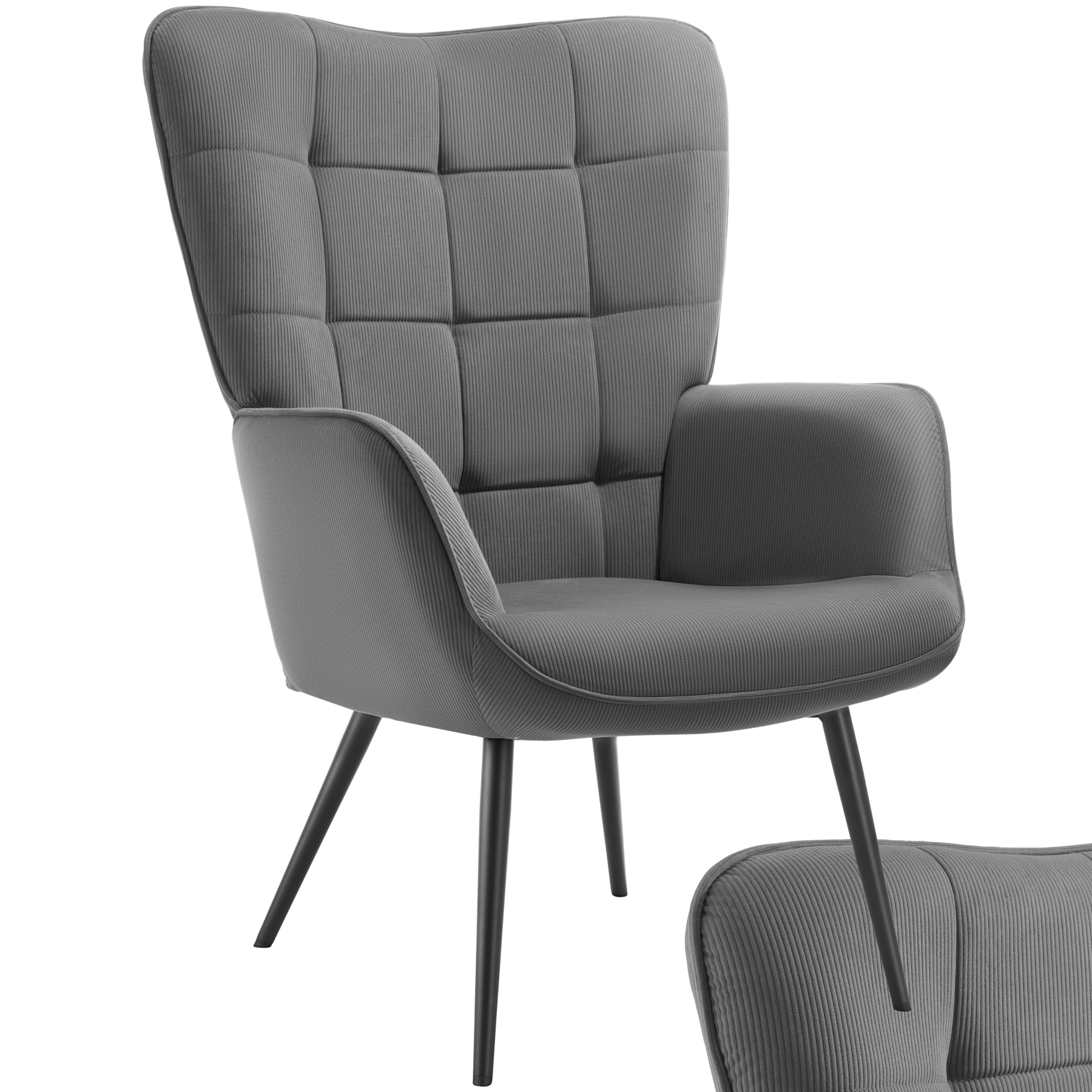 Sillón Hygge, tapizado, ergonómico y con capacidad de carga de 150 kg - Sin reposapiés, Corderoy fino antracita/negro | tectake