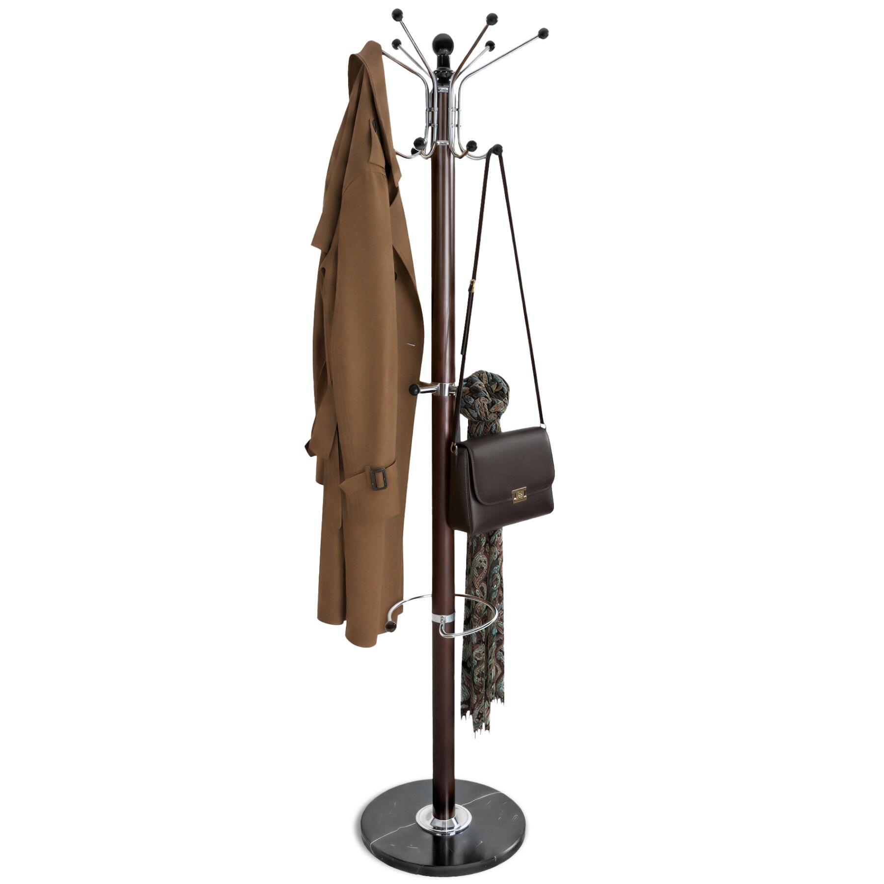 Garderobenständer, aus Metall und Marmor, 16 Haken, mit Schirm- und Taschenhalter, standfeste Bodenplatte - schwarz-braun | tectake
