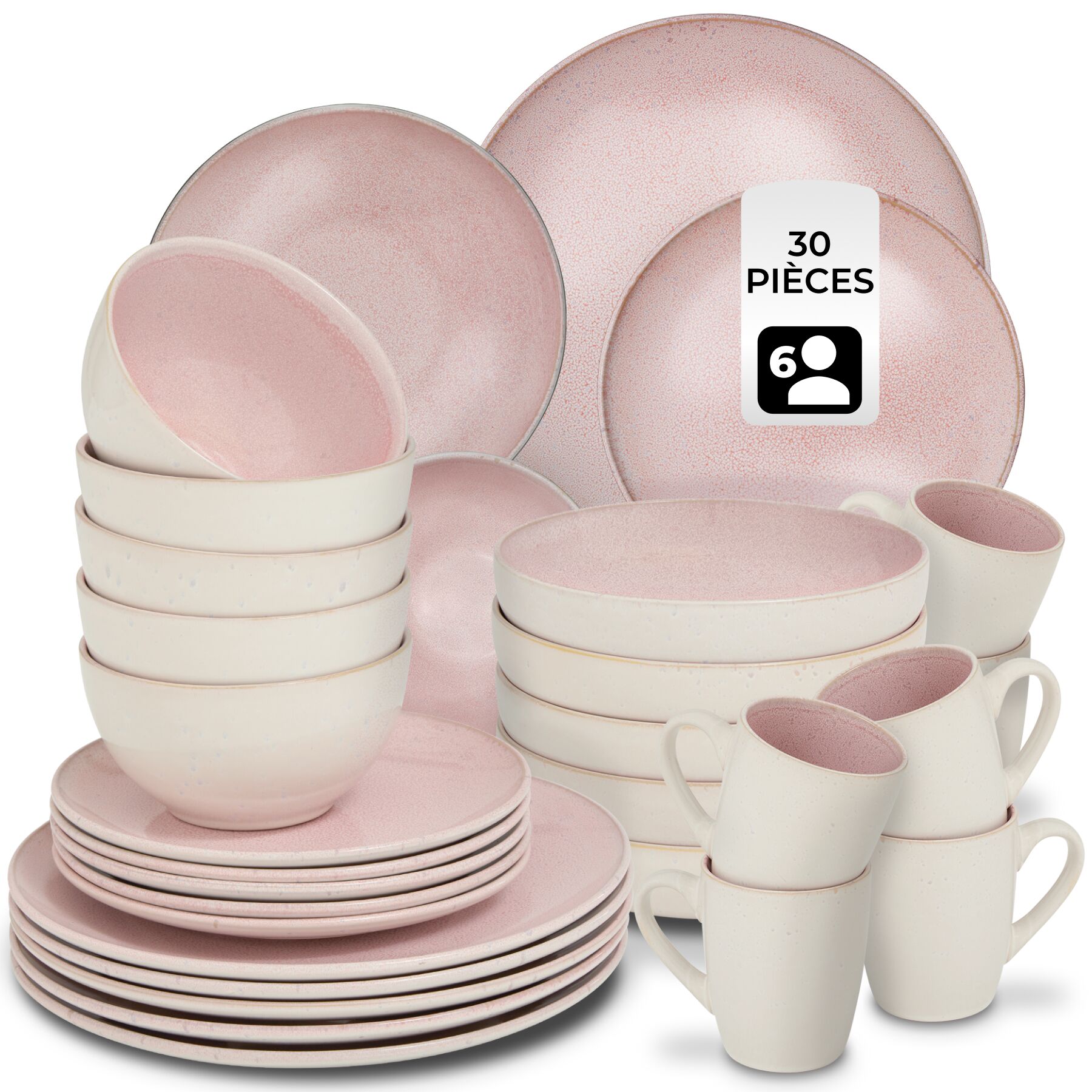 Set de vaisselle MARE en faïence pour 6 personnes - 30 pièces, rose | tectake