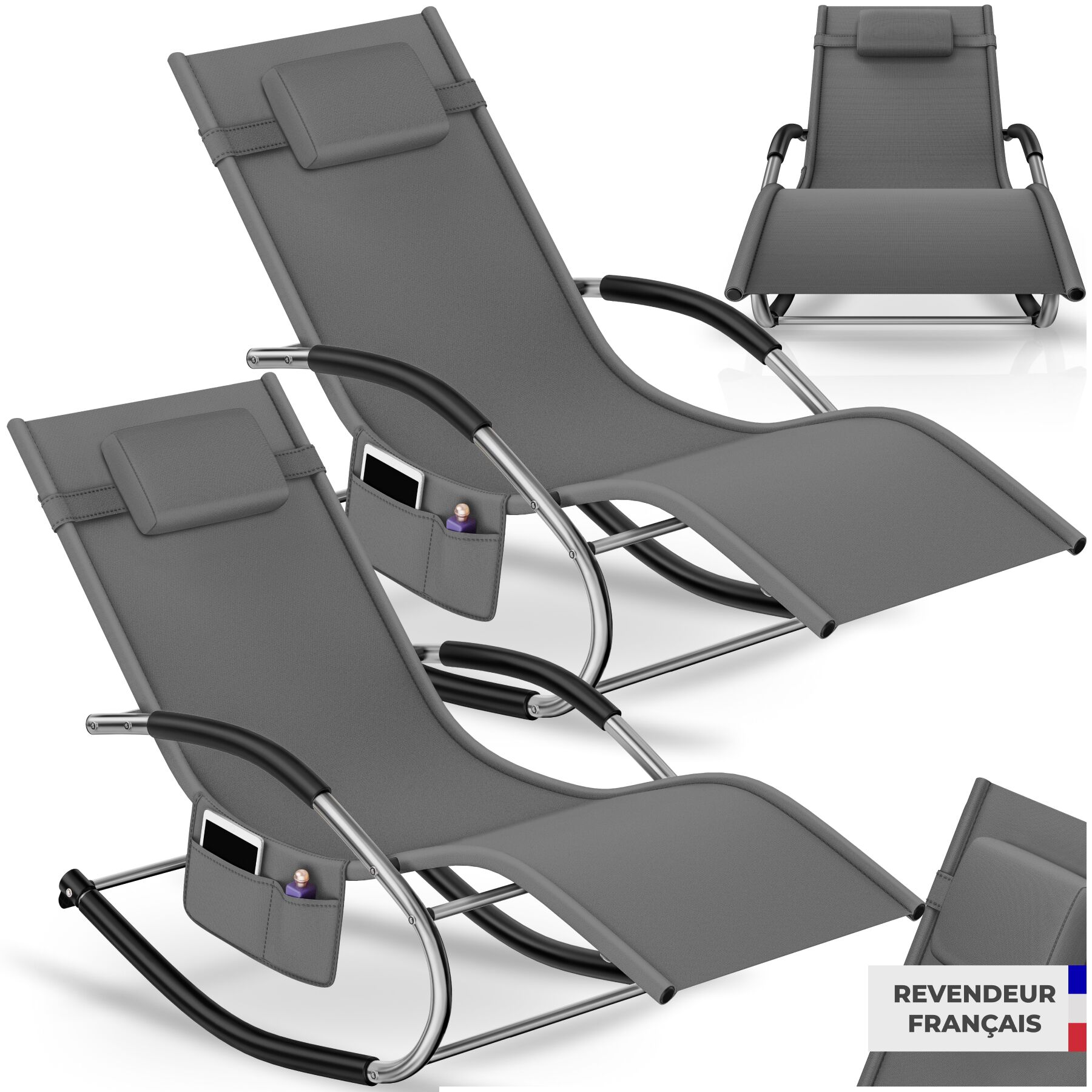 Chaise longue TAYA ergonomique avec fonction de balancement - gris, Lot de 2 | tectake