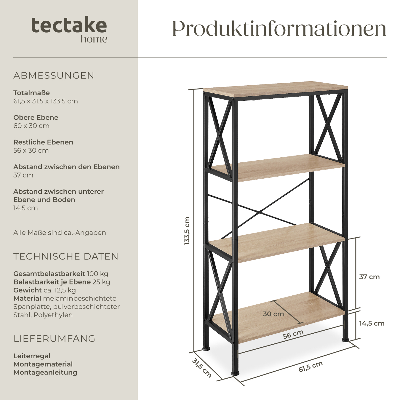 Regal Standregal Bücherregal mit 4 Ebenen Küchenregal Holz Metall Industrie Stil