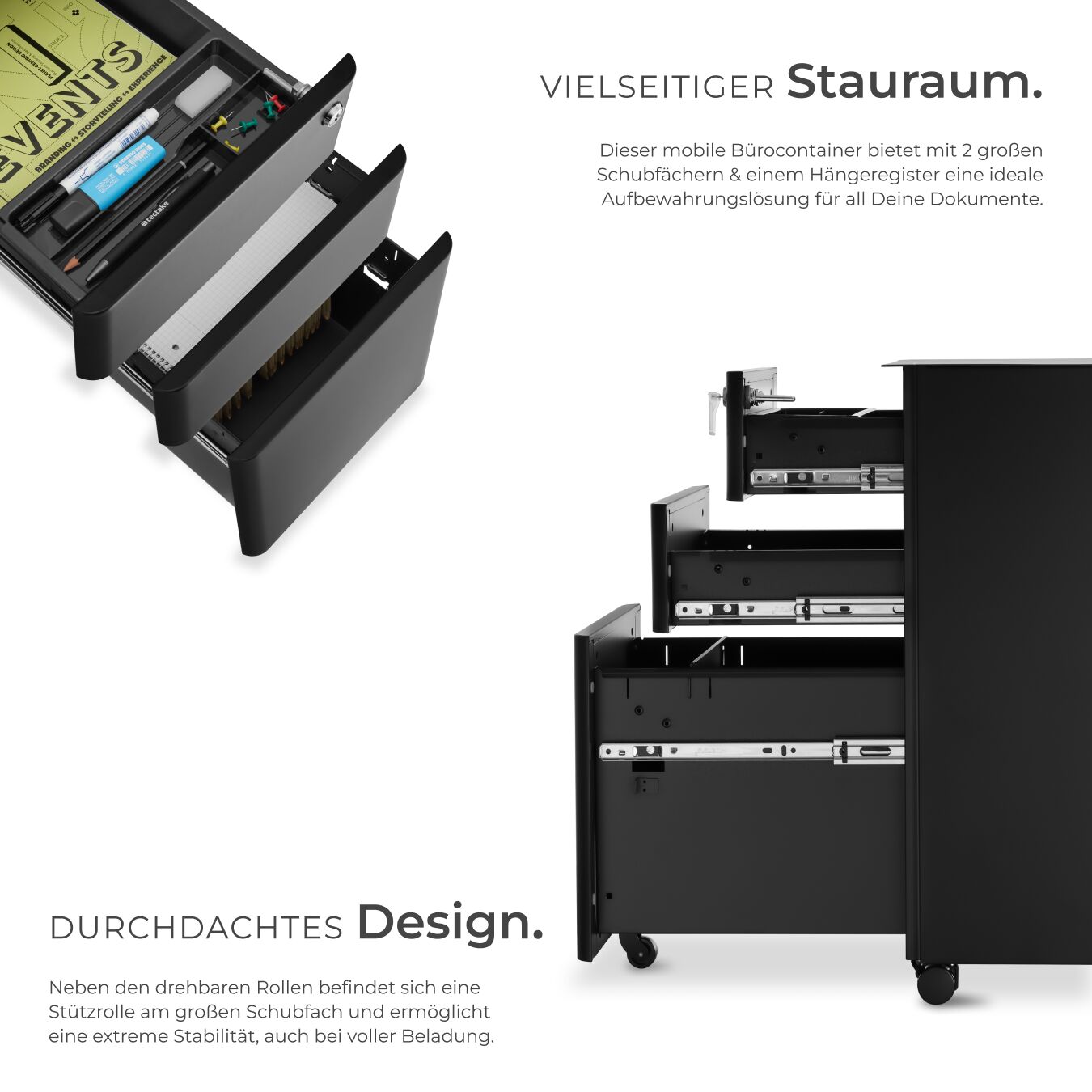 Rollcontainer 2 Schubladen Büroschrank Abschließbar Aktenschrank Hängeregister - Bild 4 von 25