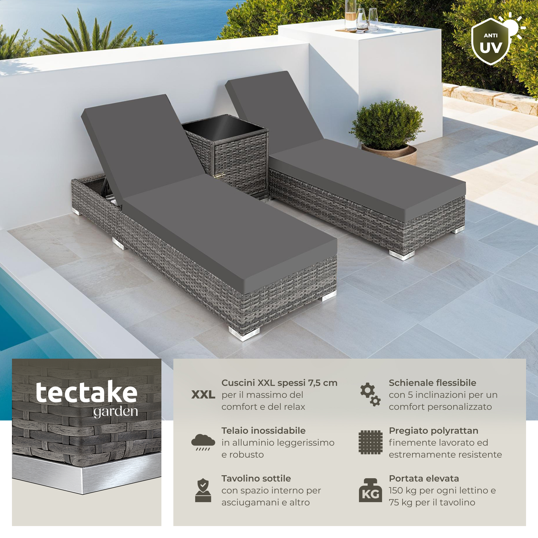 2 x sdraio in polyrattan + tavolo alluminio giardino rattan lettino mobili telo - Foto 33 di 67