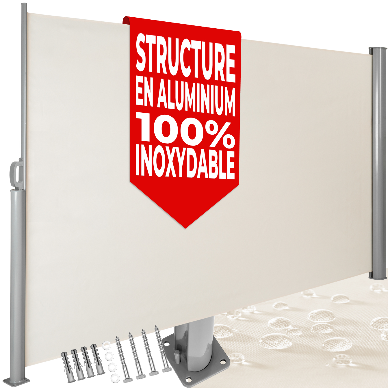 Store latéral extensible en aluminium avec mécanisme d'enroulement - 300.00 x 180.00 x 10.00 cm, beige | tectake