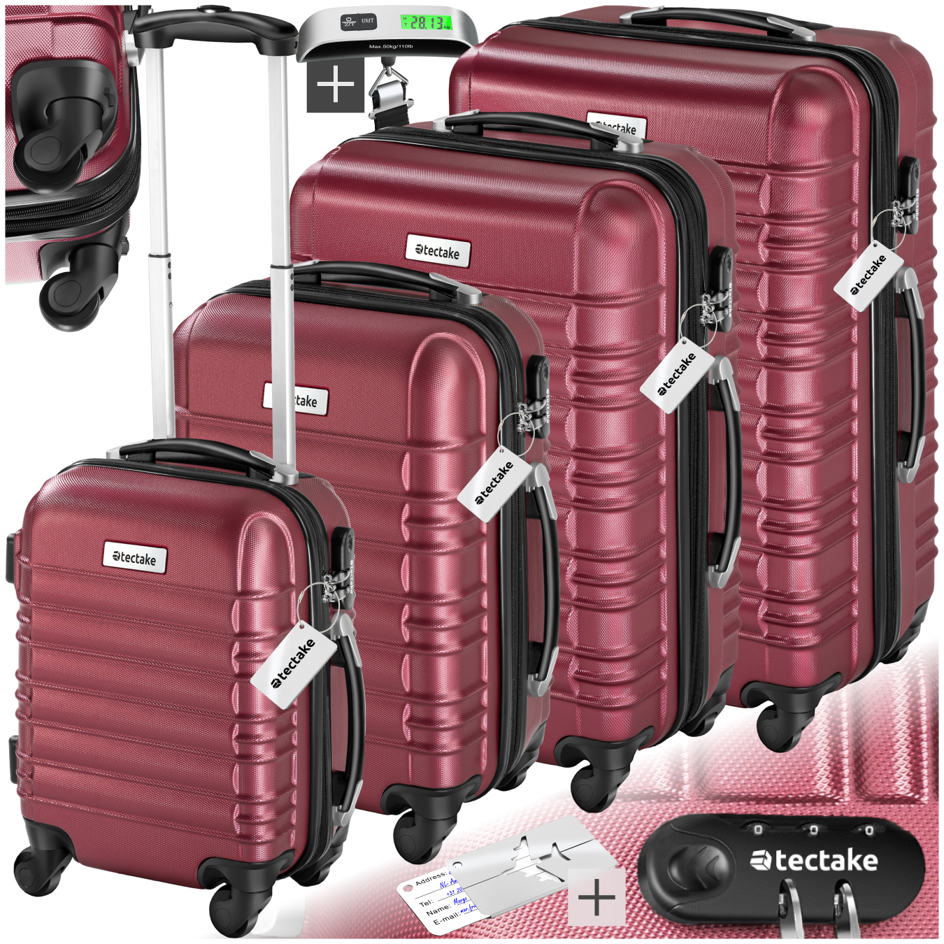 Set de valises rigides Mila 4 pièces avec pèse-bagages - rouge bordeaux