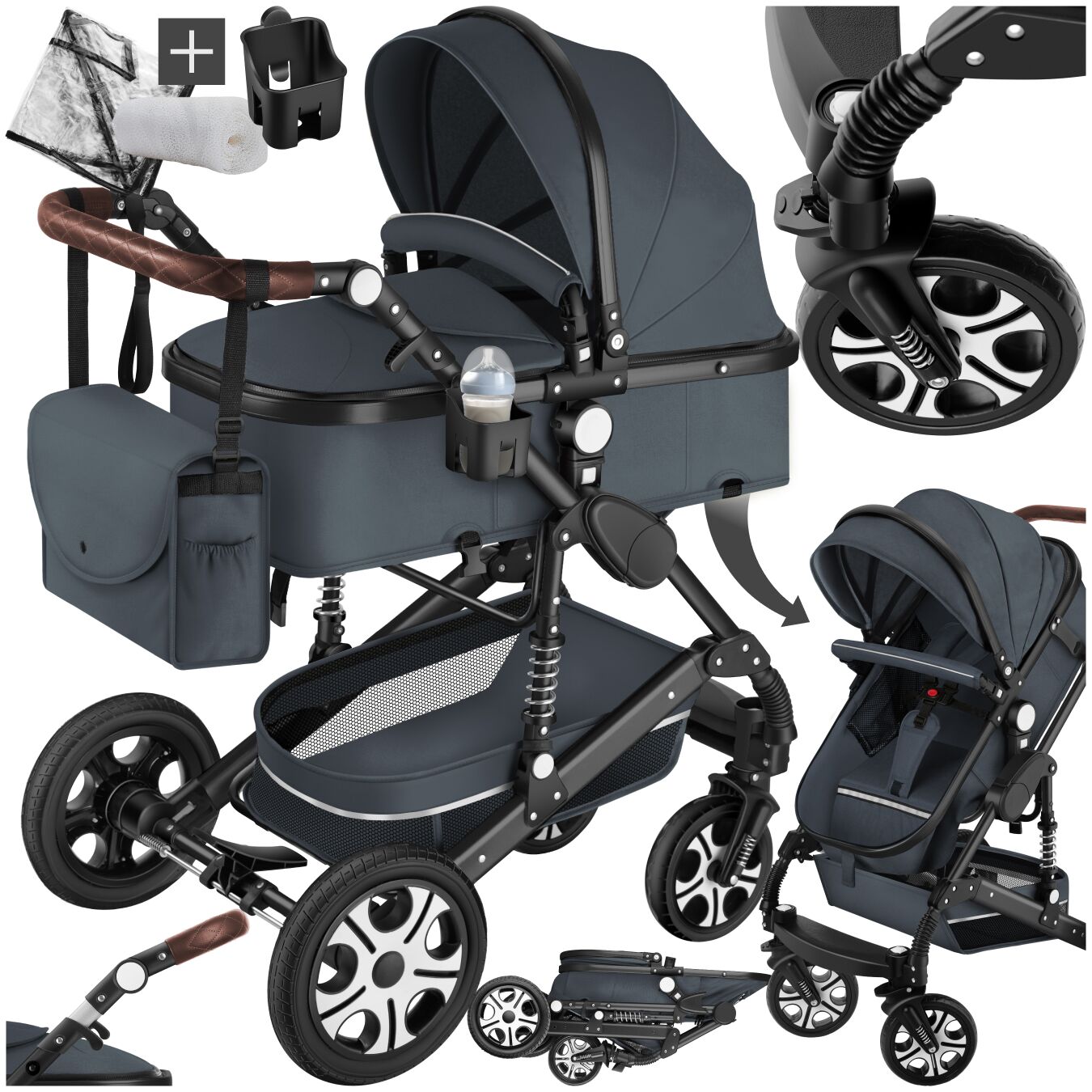 Kombi-Kinderwagen Mats, klappbar, 5-Punkt-Gurt - anthrazit