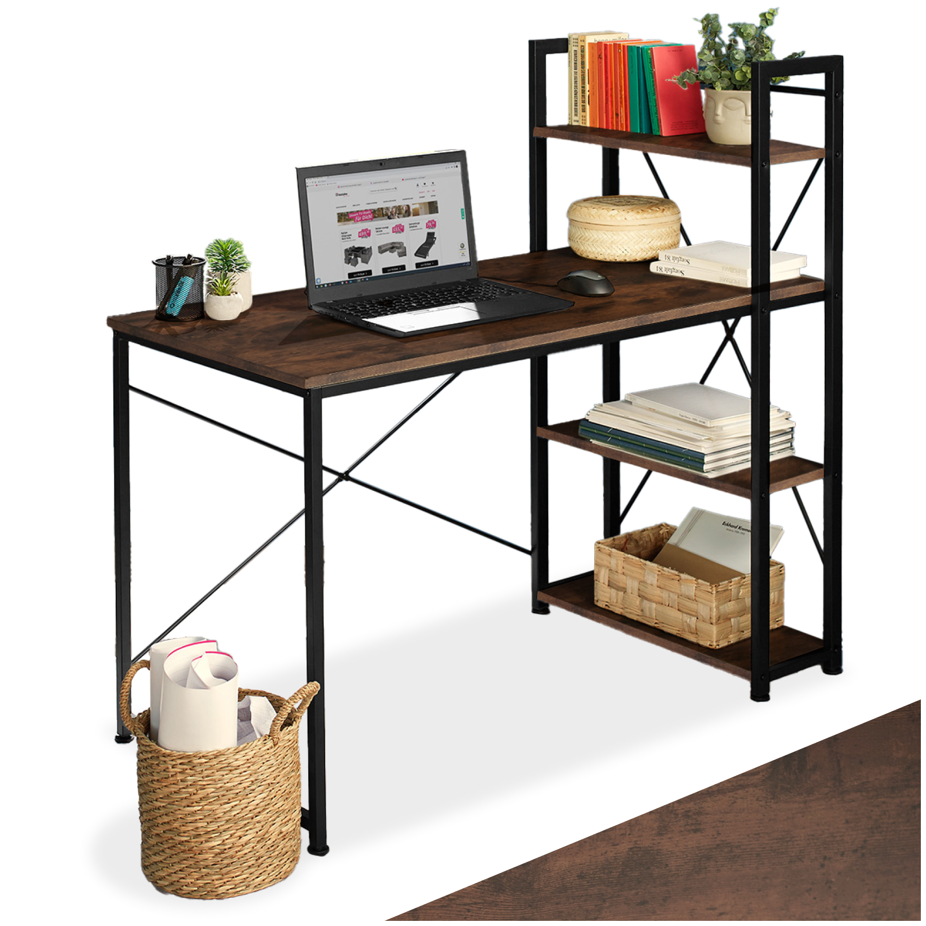 Schreibtisch mit Regal Bürotisch Arbeitstisch 3 Ablagen Industrial Holz Metall