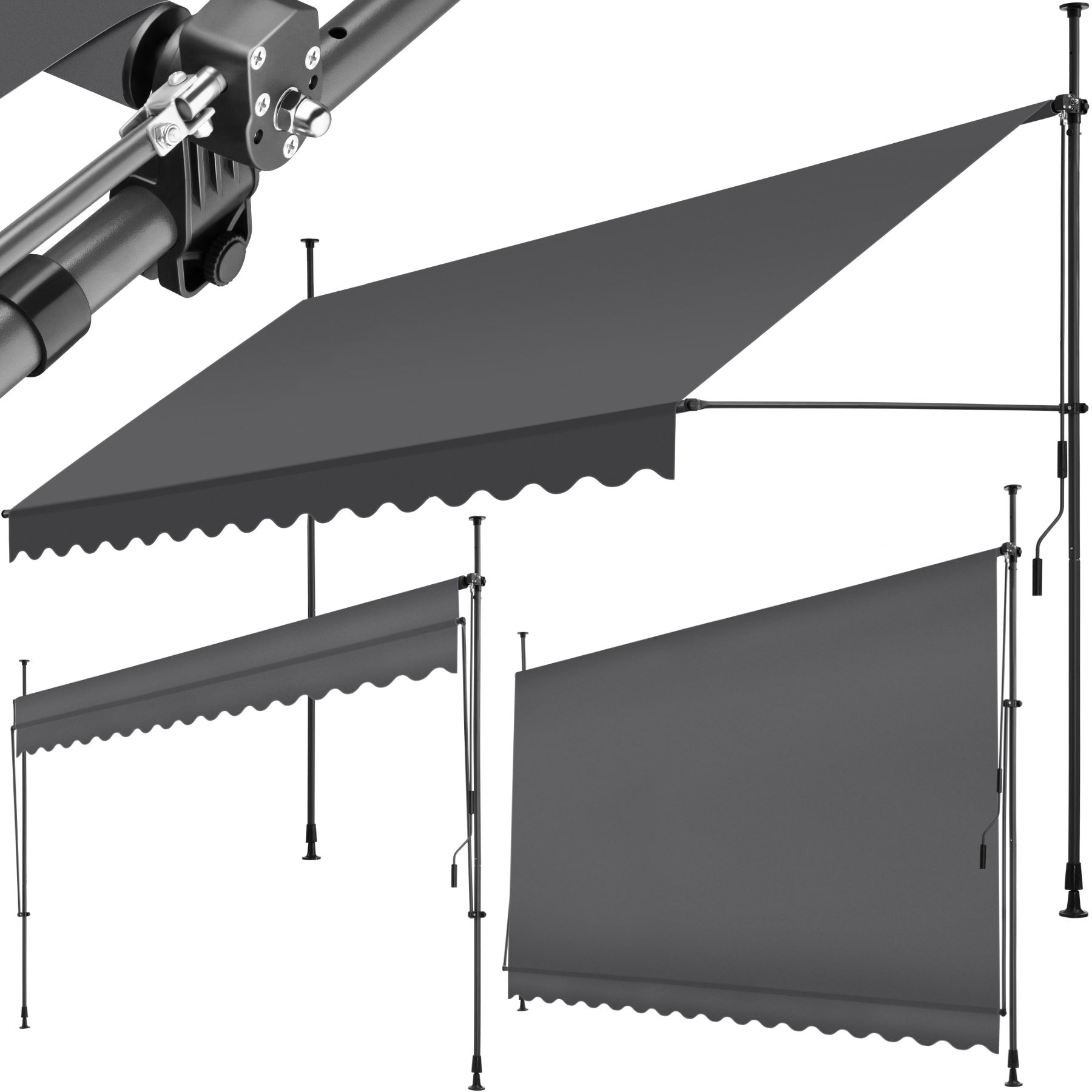 Toldo dobrável para varanda com manivela, altura regulável - 400 x 180 cm, preto/cinzento