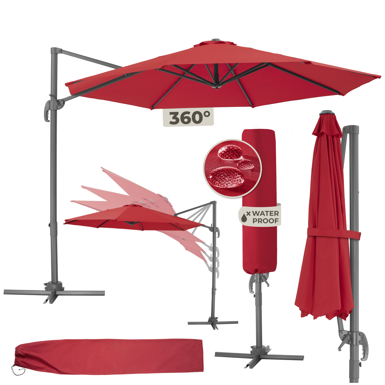 Parasol Ø 300cm met voetpedaal en beschermhoes - wijnrood | tectake