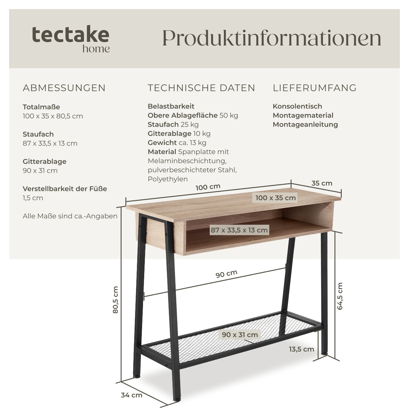 Konsolentisch Flurtisch Sideboard mit Fach Gitterablage Holz Metall Industrie