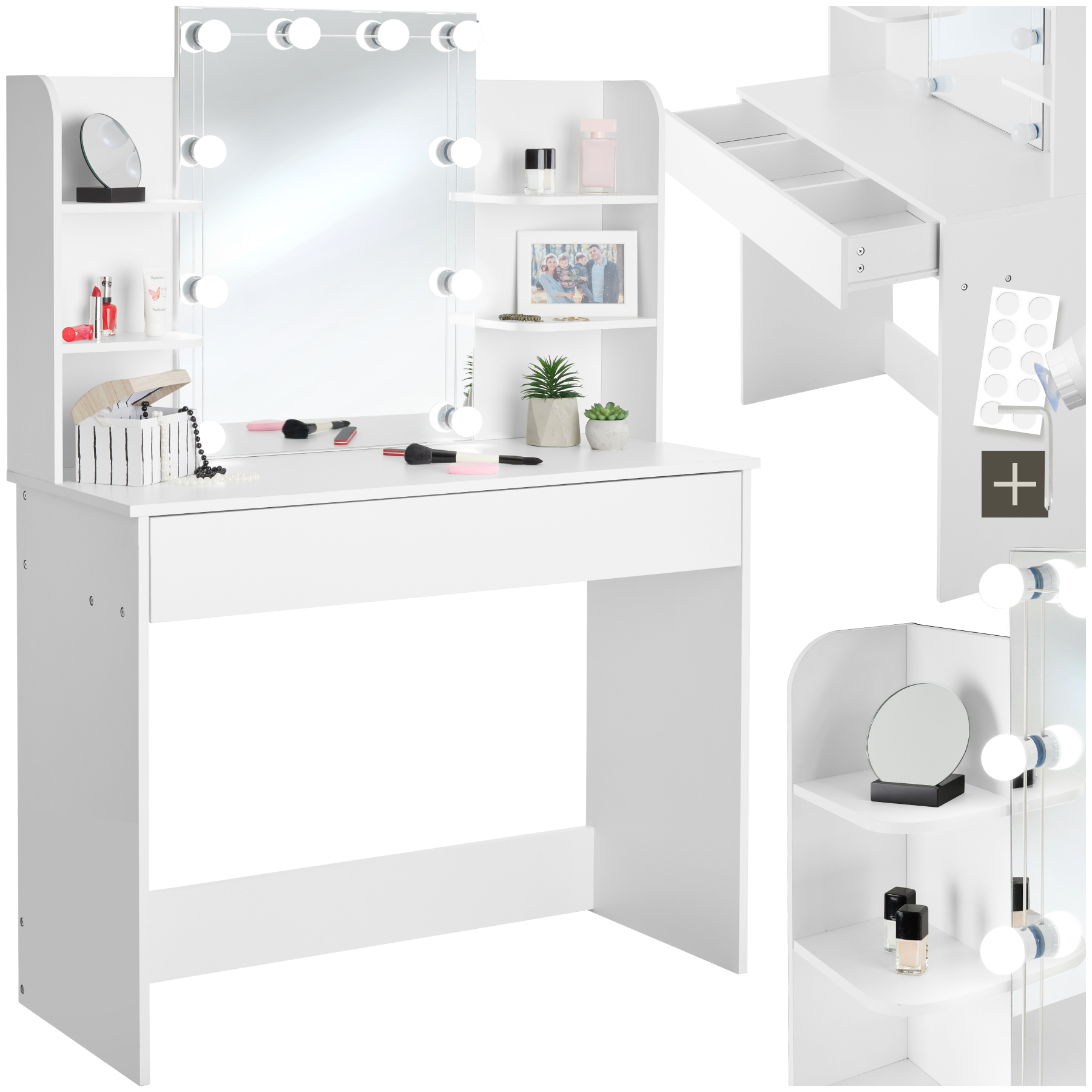 Coiffeuse LUISE avec miroir et tiroir à 4 étagères - blanc