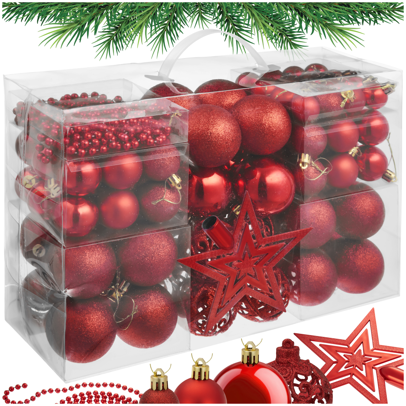 Christmas Decorations - 84 red baubles, string of beads, star tree topper - red