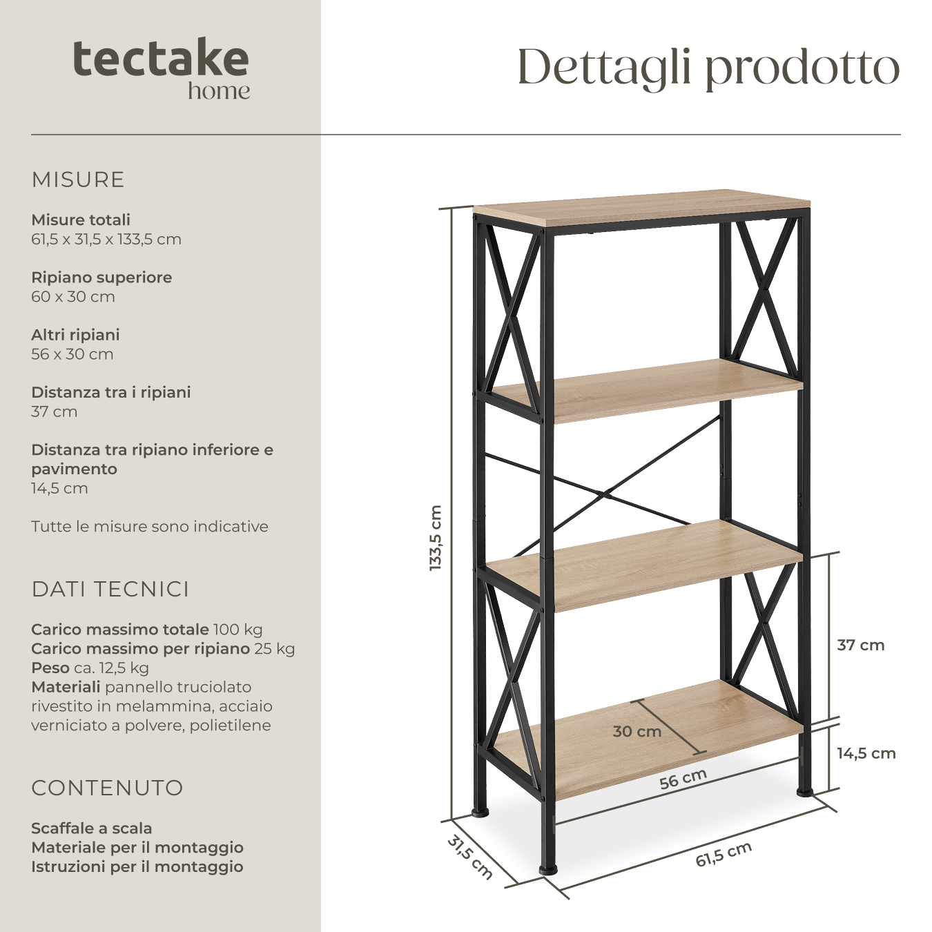 Scaffali alti libreria 4 ripiani scaffali cucina legno metallo stile industrial - Foto 19 di 25